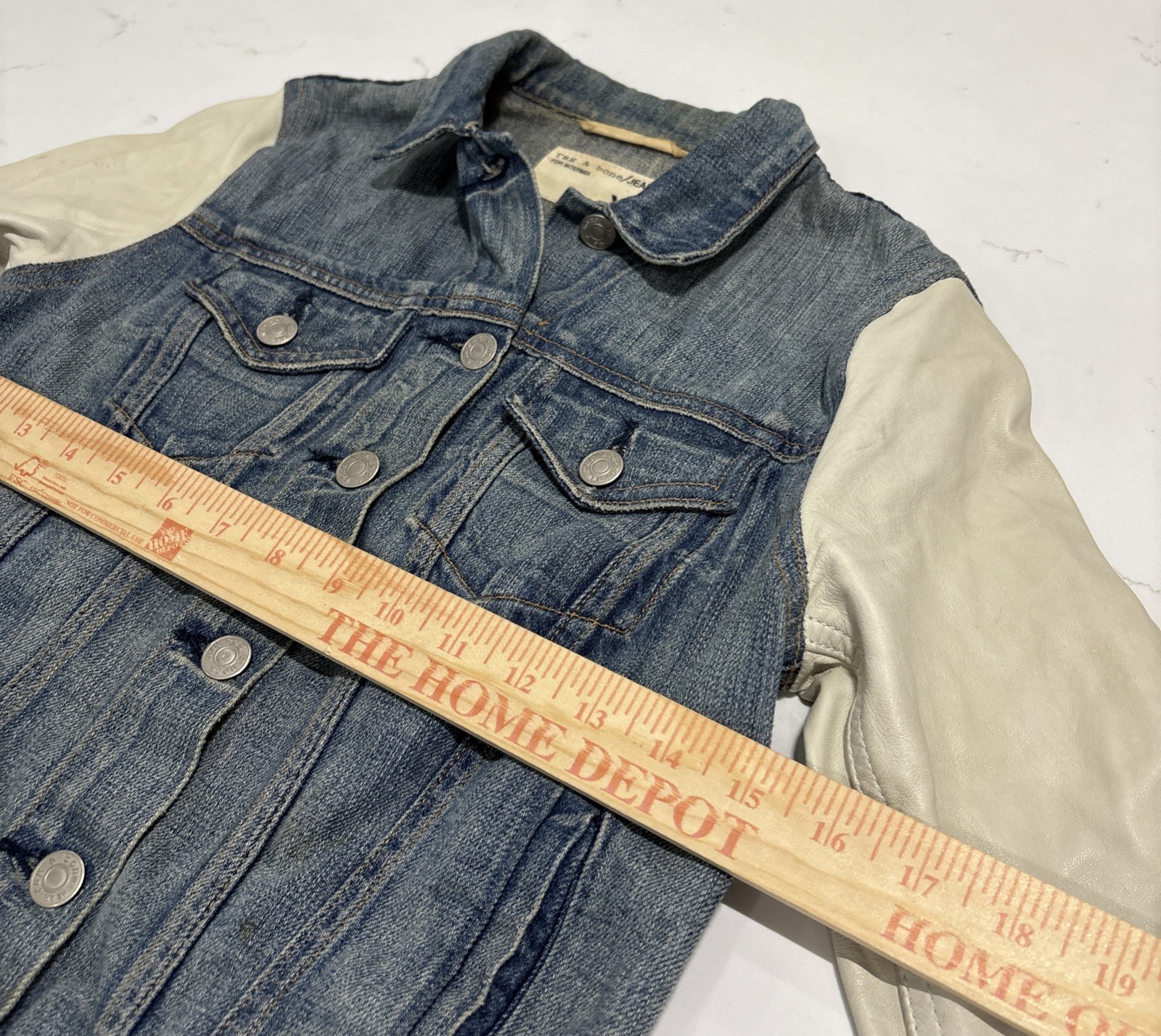 RAG & BONE Women’s Light Blue Denim Jacket With Cream Leather Sleeves Size XS