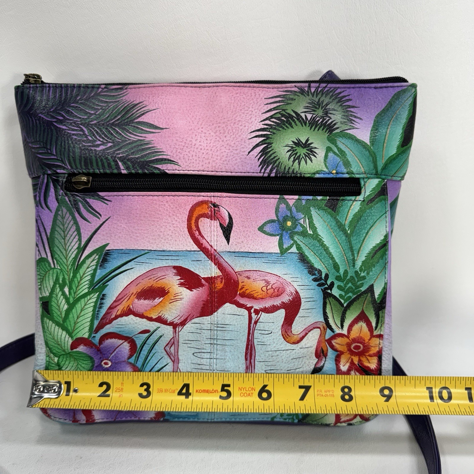 Anuschka Hand-Painted Leather Medium Crossbody Tropical Flamingos – See Details