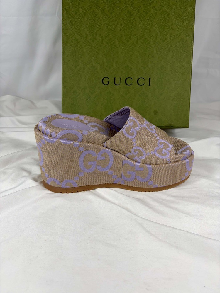 Gucci Jumbo Angelina GG Canvas 4” Platform Sandals US Size 10.5 SPB JA-369500