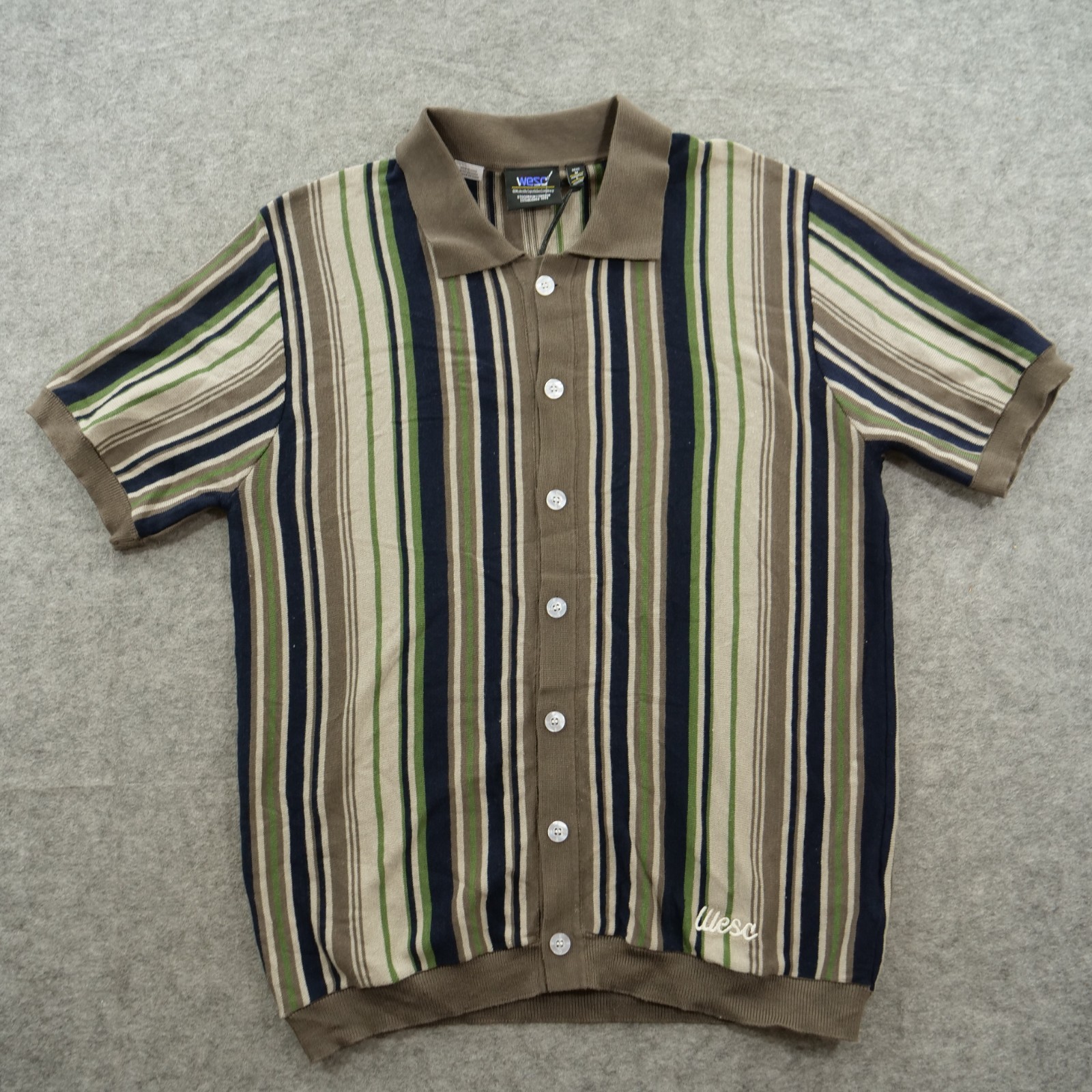 Wesc Shirt Mens Medium Beige Black Button Up Knit Striped New