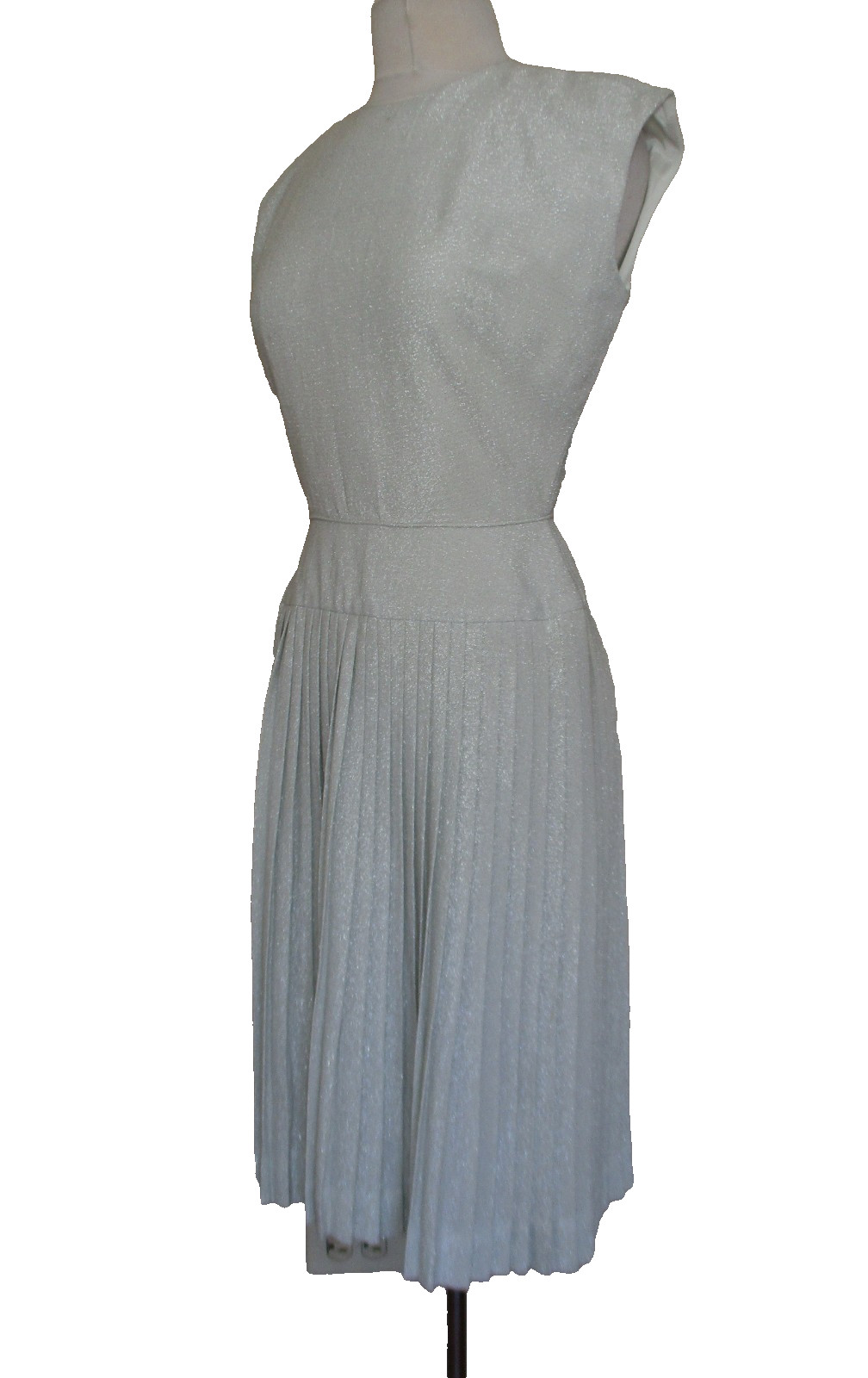 Vintage 50s/60s Joe Forman Silver Lame’ Sleeveless Dress XS/S Women Pleat Skirt
