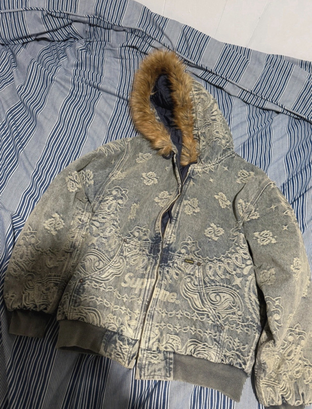 Supreme Bandana Jacquard Denim Jacket Fur Trim Full Zip Men’s Size S