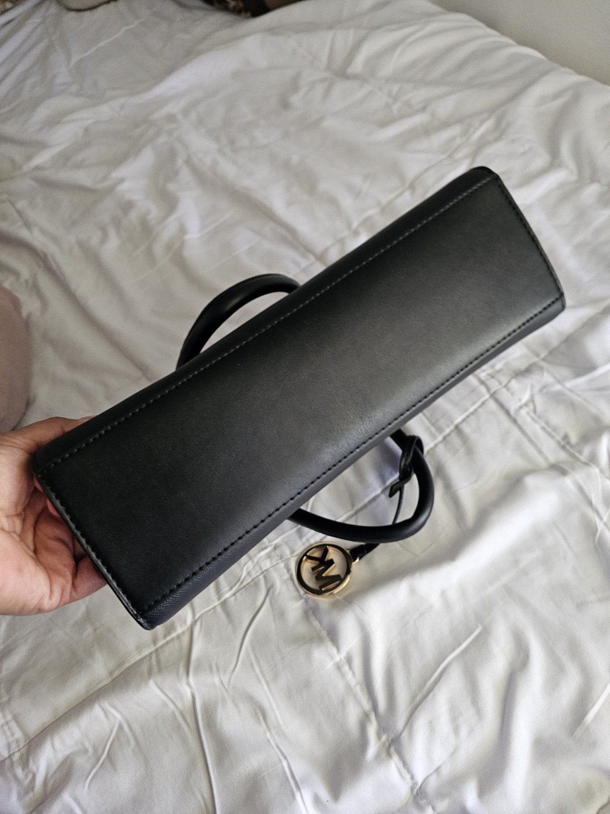 Michael Kors Black Satchel Top Handle Zip Purse MK Charm Gold Hardware