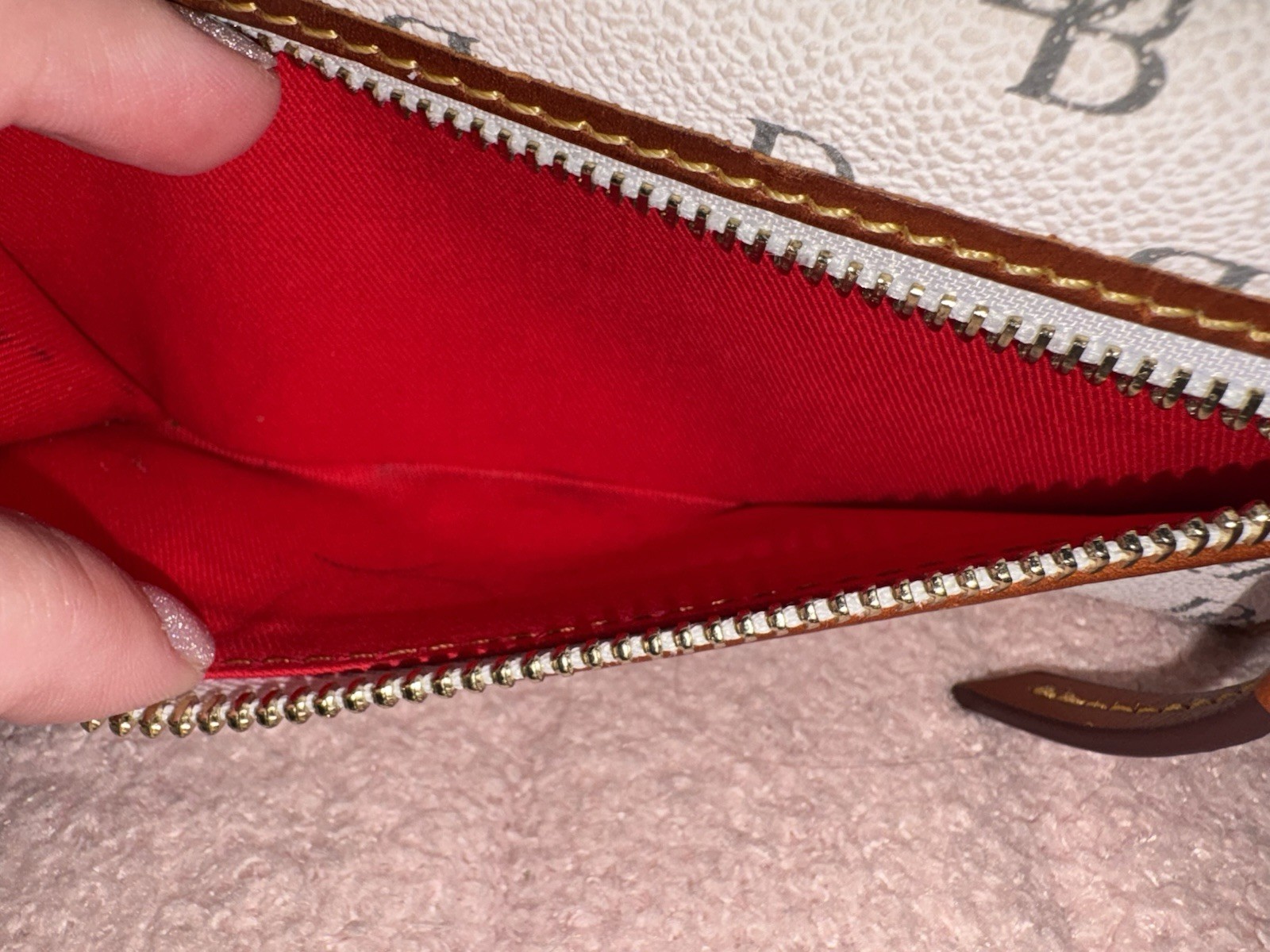 Dooney & Bourke Logo Bifold Wallet Zip Coin Pocket White Brown Red Silver