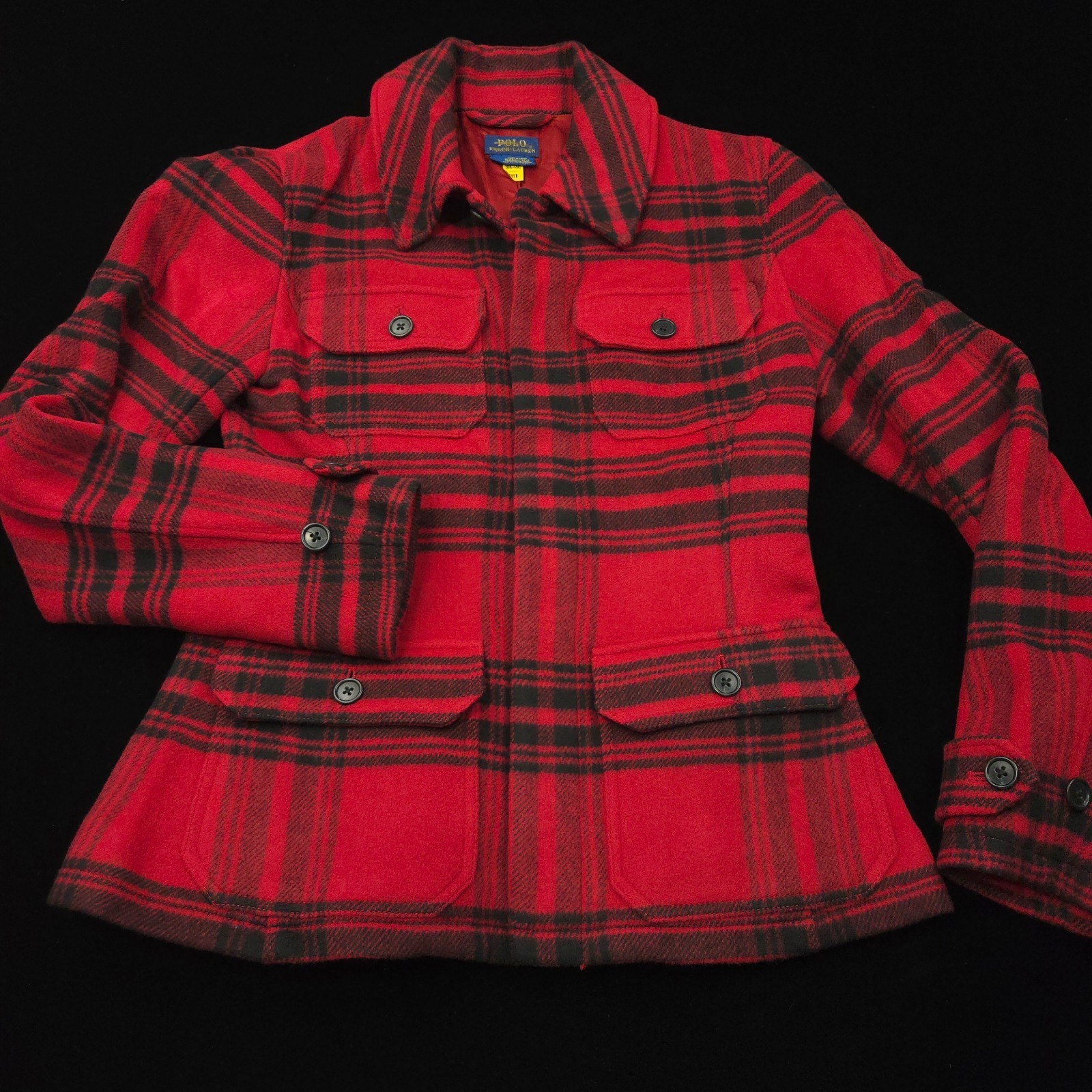 NEW Polo Ralph Lauren Womens Wool Jacket -12 Red Black Peacoat Flannel Coat $698