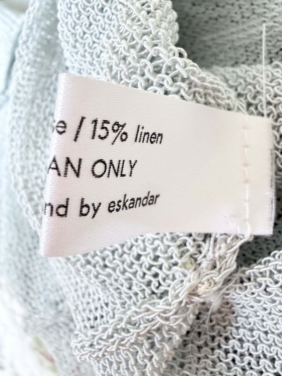 Eskandar Open Knit Sweater Pleated Shoulder Soft Sage Blue Layered Linen Blend