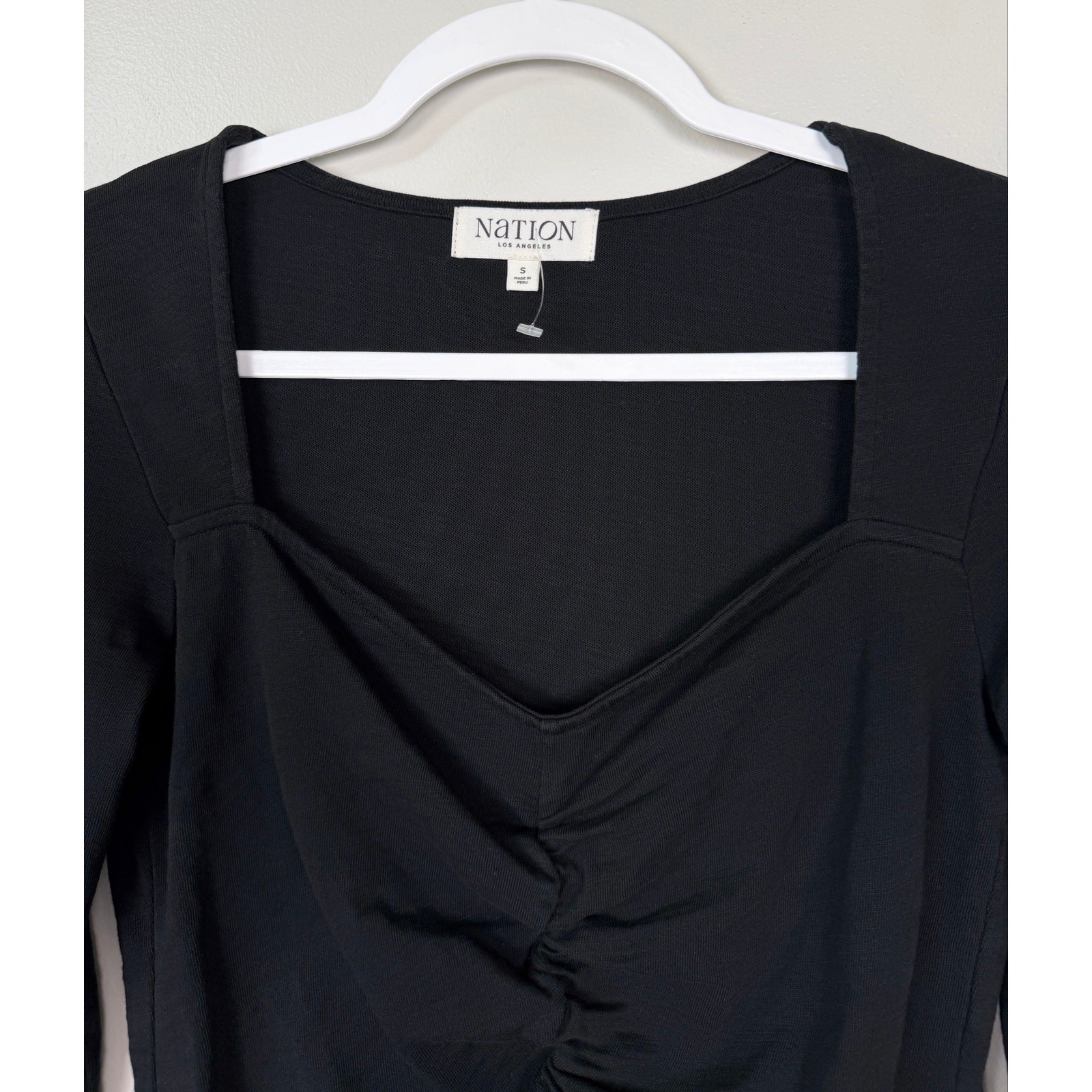 Nation Mikaela Top Jet Black Small Ruched Cotton Casual Closet Staple NEW