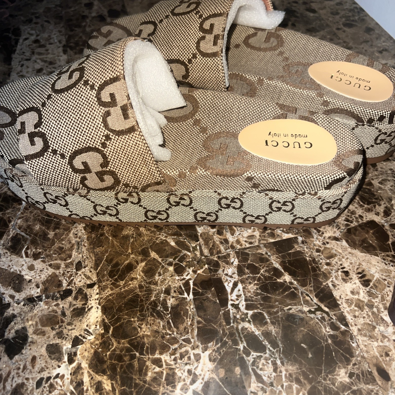 Gucci Angelina GG Supreme Platform Slide Sandals Beige Ruggine size 7.5