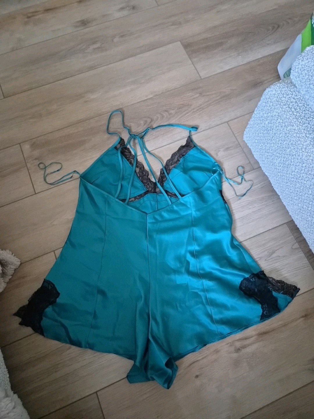 Ann Summers Teal Blue/Green Satin & Black Lace Playsuit Size Medium 12-14