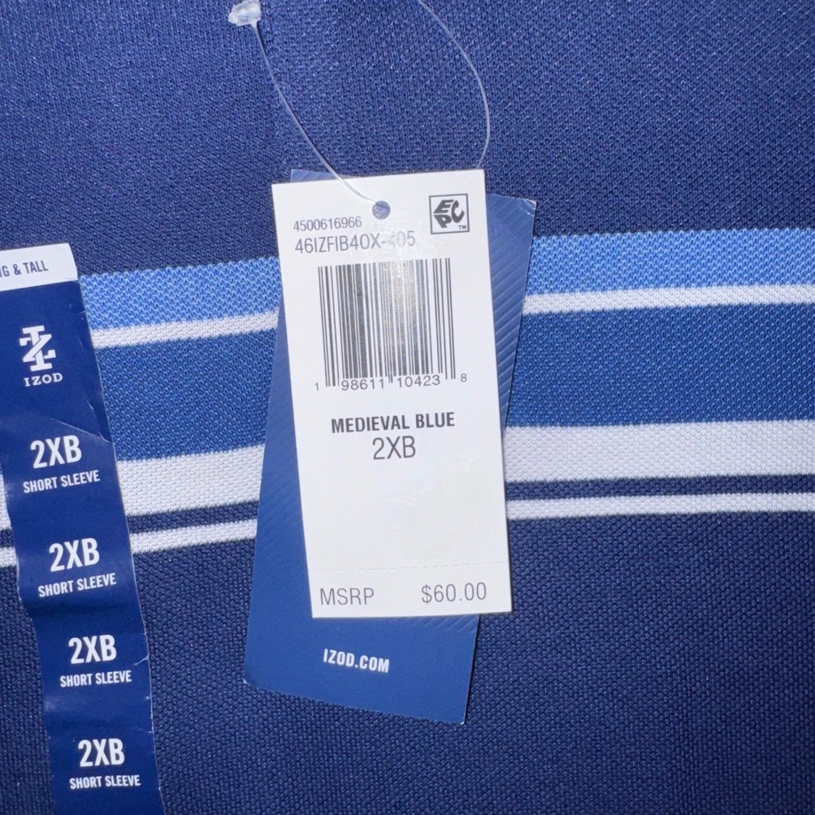 IZOD Advantage Performance Polo Mens Striped Stretch Medieval Blue 2XB NEW
