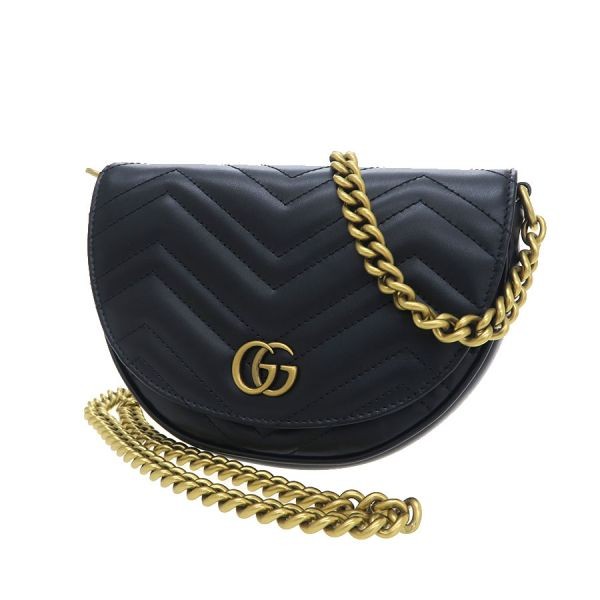 Gucci GG Marmont Half Moon Chain Shoulder Bag Black Leather Quilted 746431