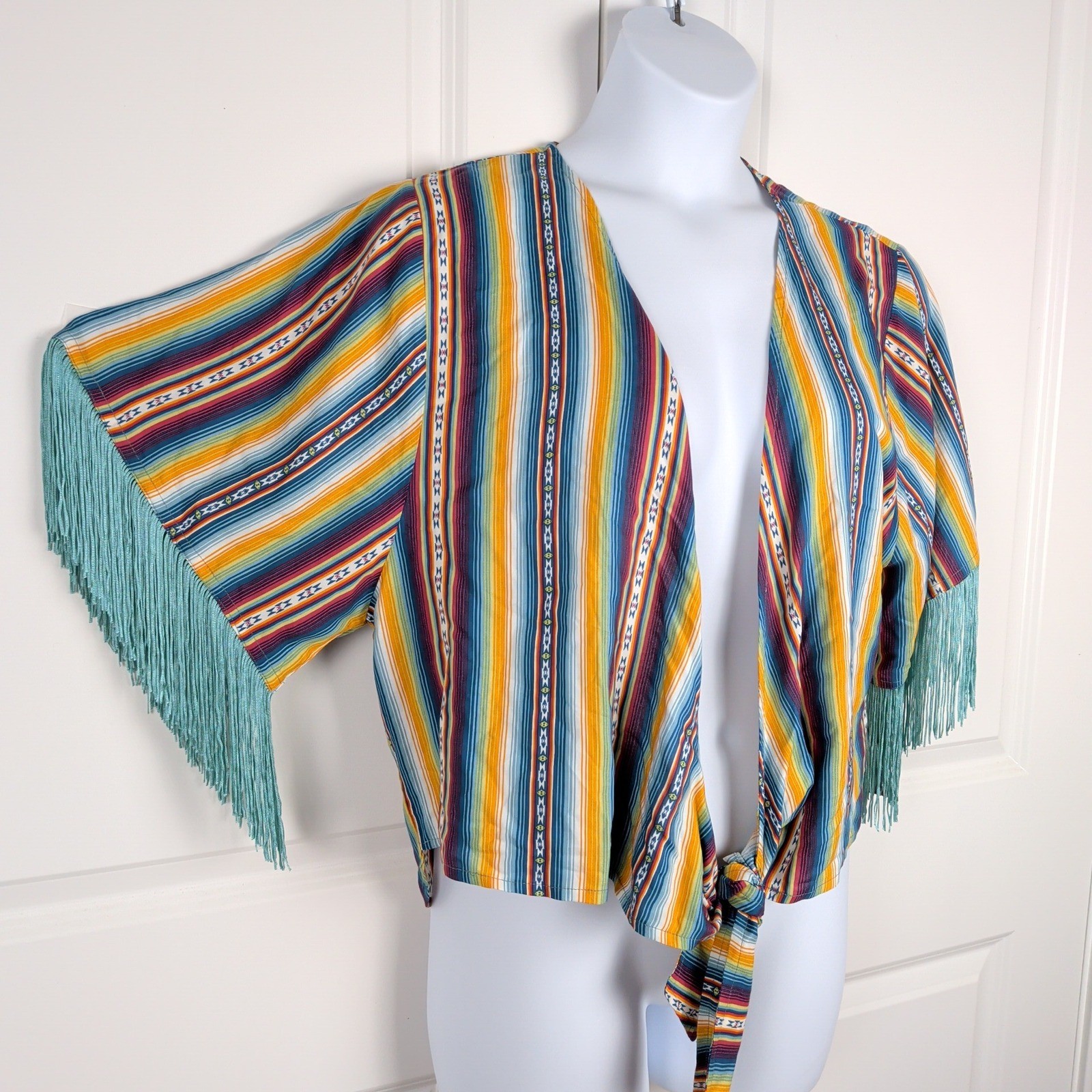 Western Serape Stripe Fringe Tie Front Kimono Cardigan S/M Cowgirl