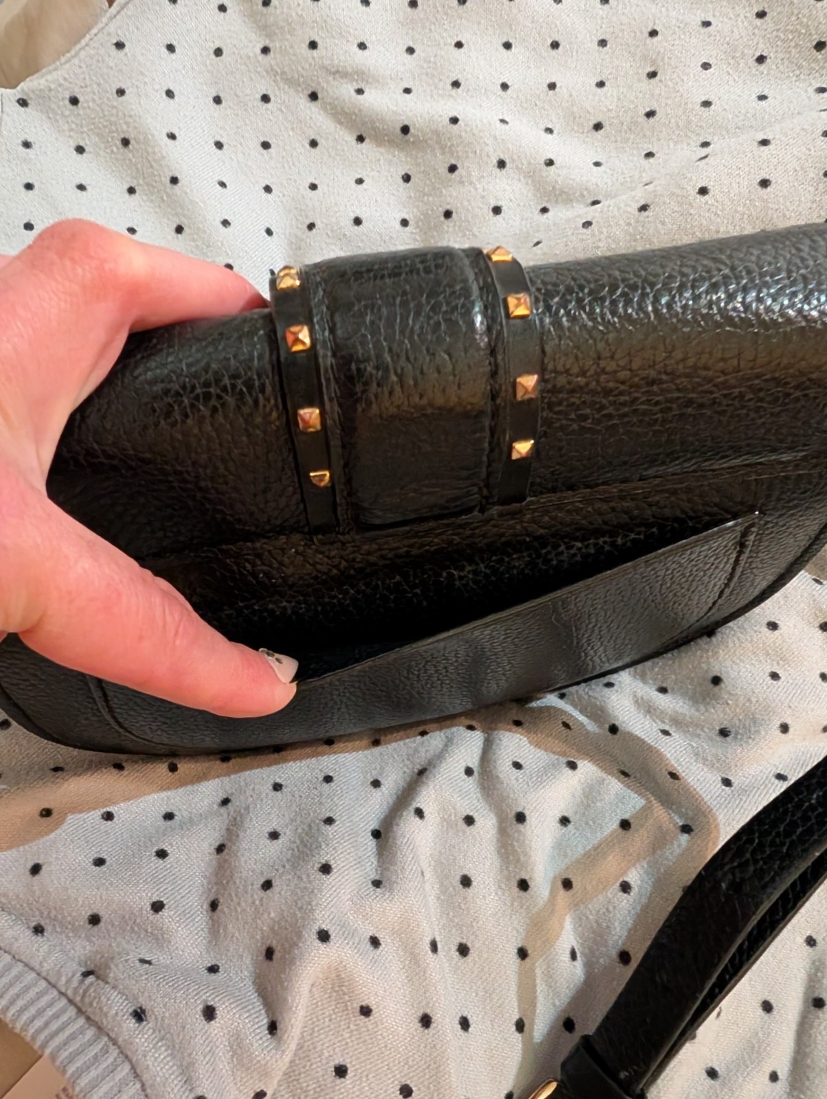 Michael Kors Black Pebbled Studded Buckle Magnetic Flap Crossbody Gold HW