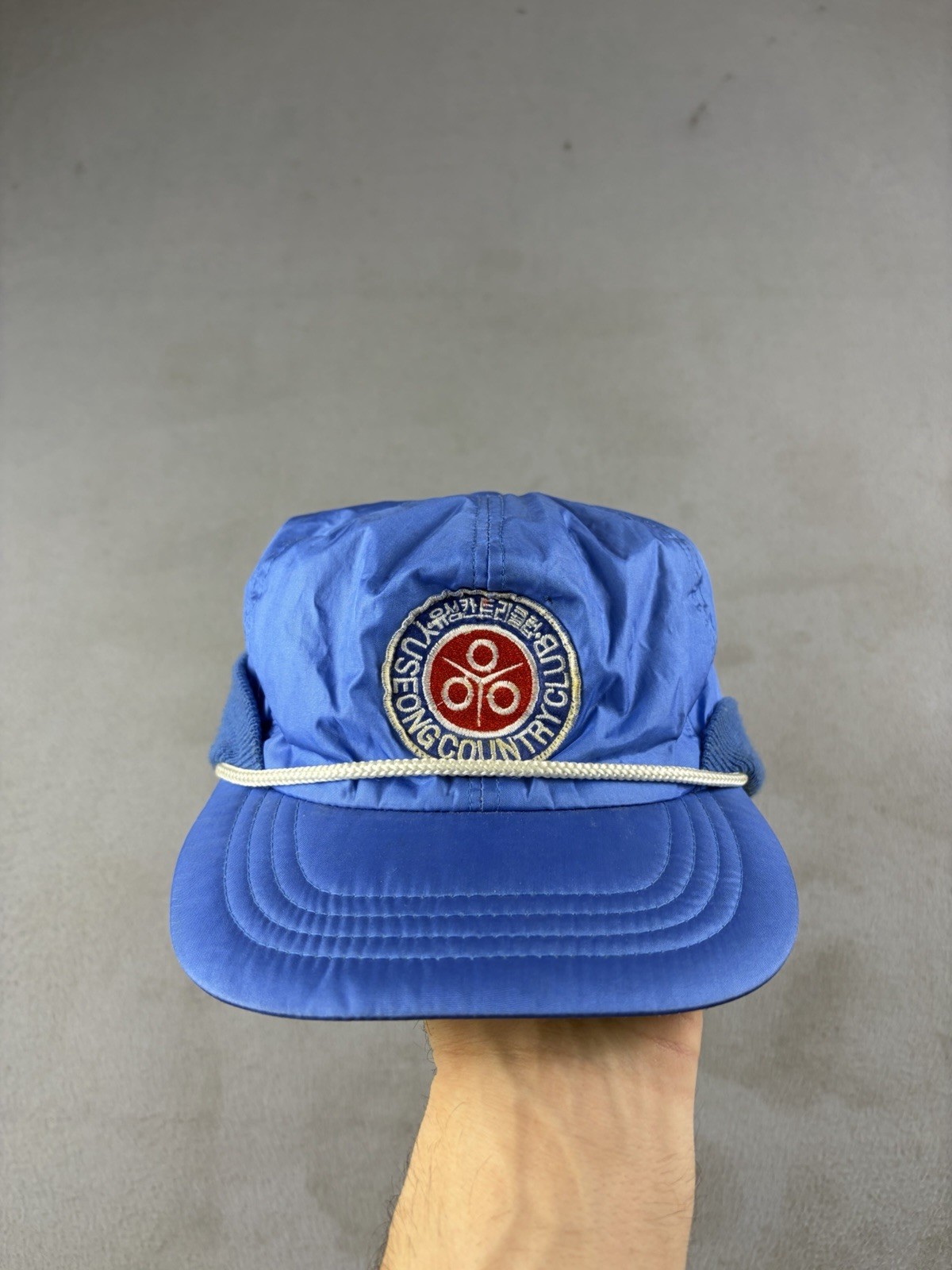 Vintage Yuseong Country Club Hat Fitted Cap Blue Ear Flap South Korea Golf 80s