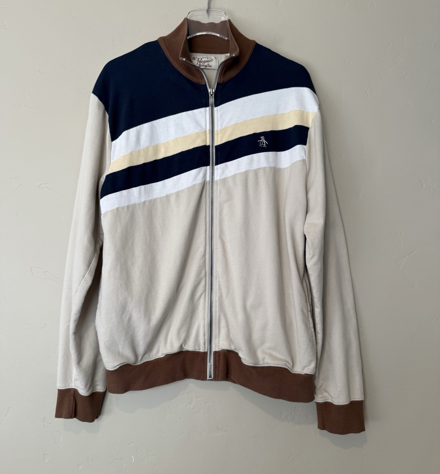 Original Penguin Jacket Mens XL Beige Navy Stripe Full Zip Track Colorblock