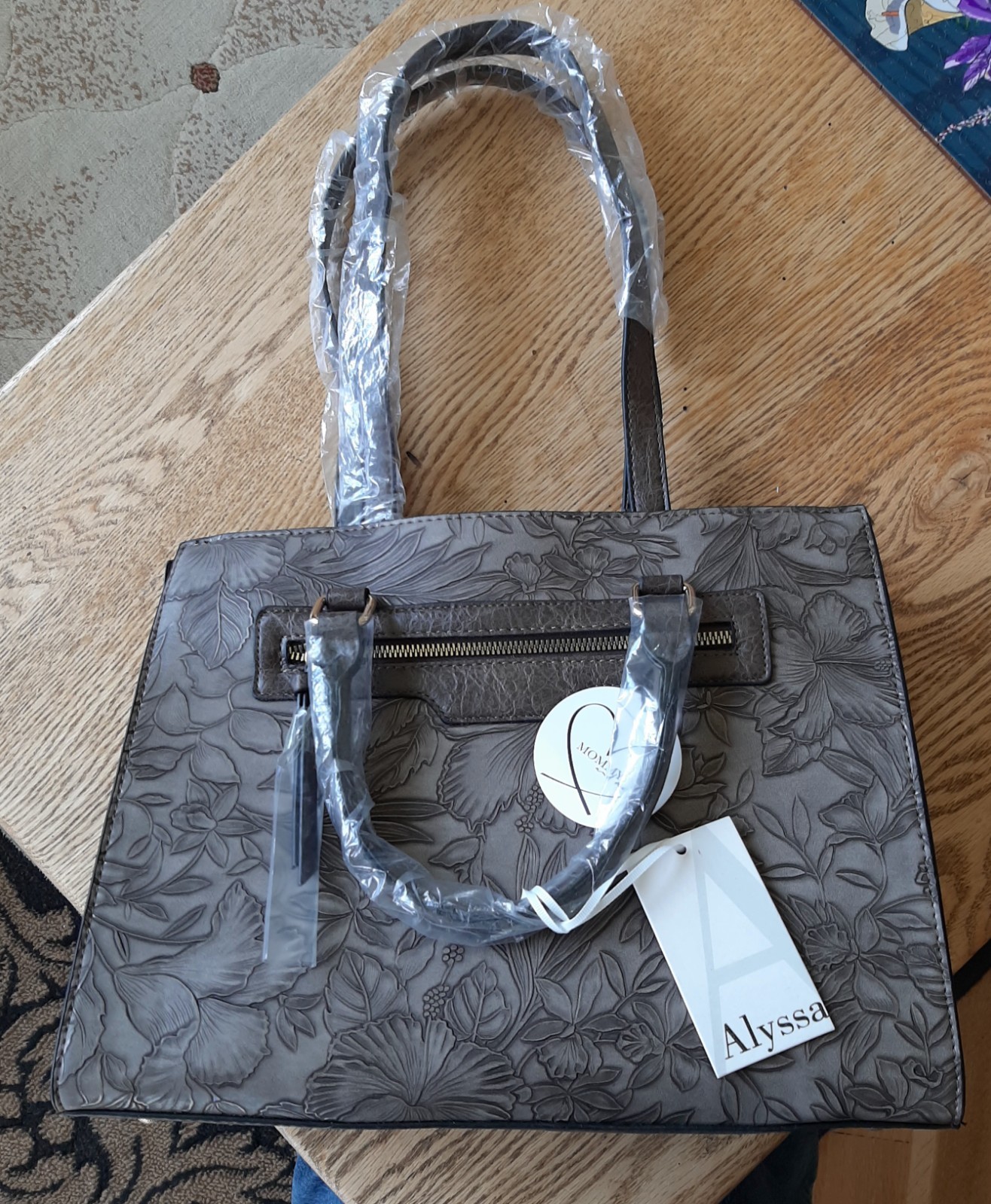 Alyssa Taupe Vegan Leather Floral Tooled Look Large Purse
