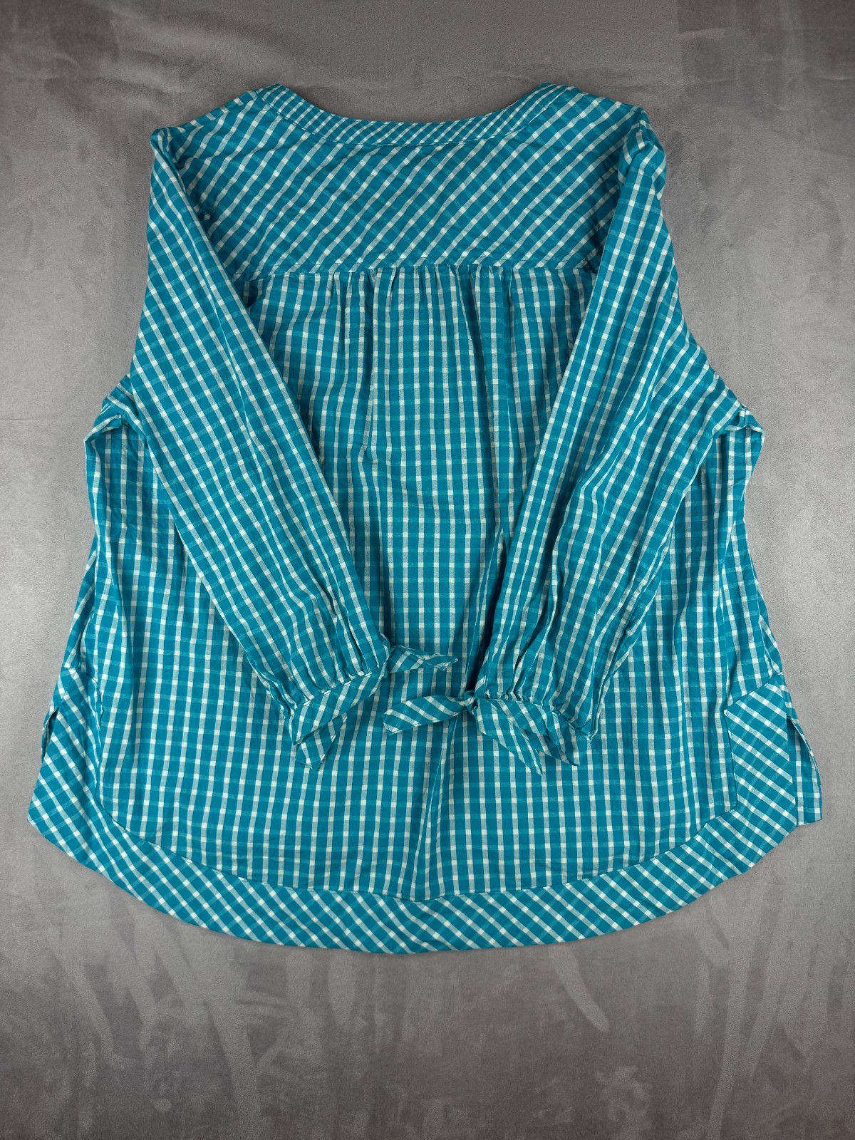 Crown & Ivy Women’s Torquoise Gingham Checked Blouse 3/4 Sleeve Sz XL