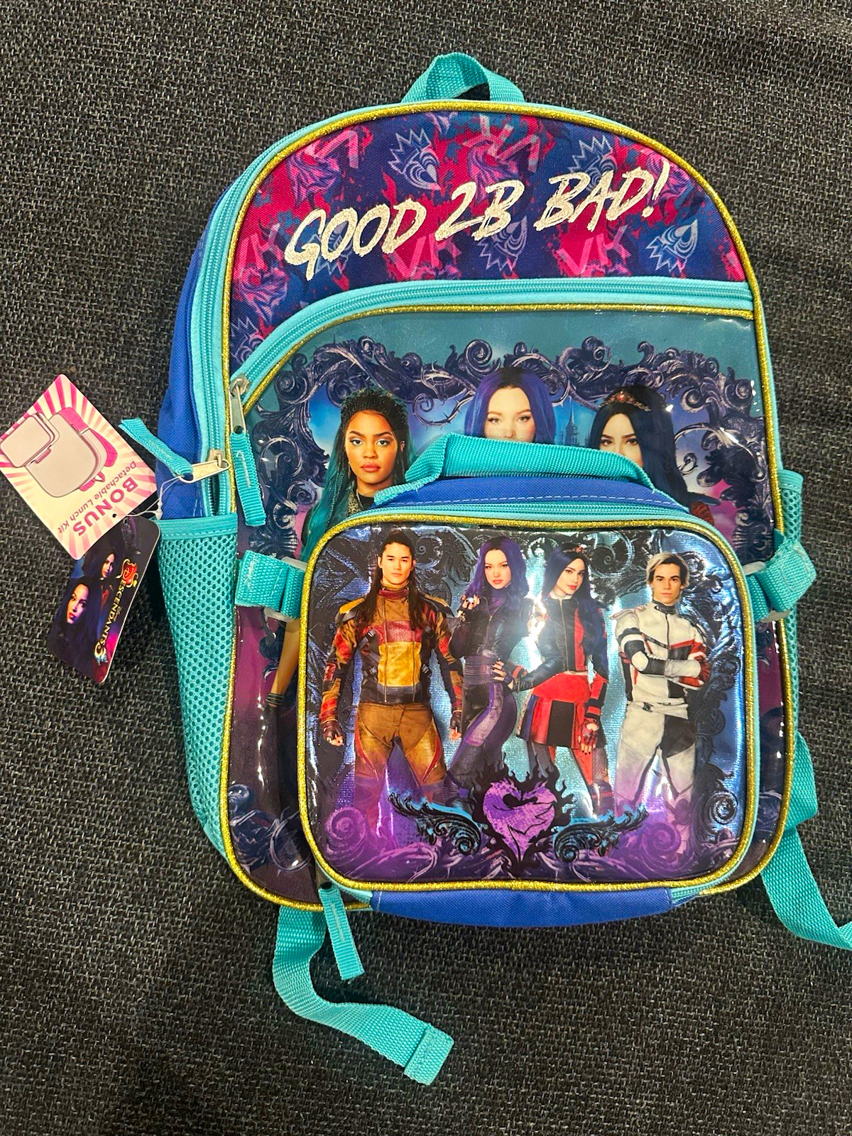 Disney Descendants Large 16” Blue/Teal Polyester Backpack Zip Pockets