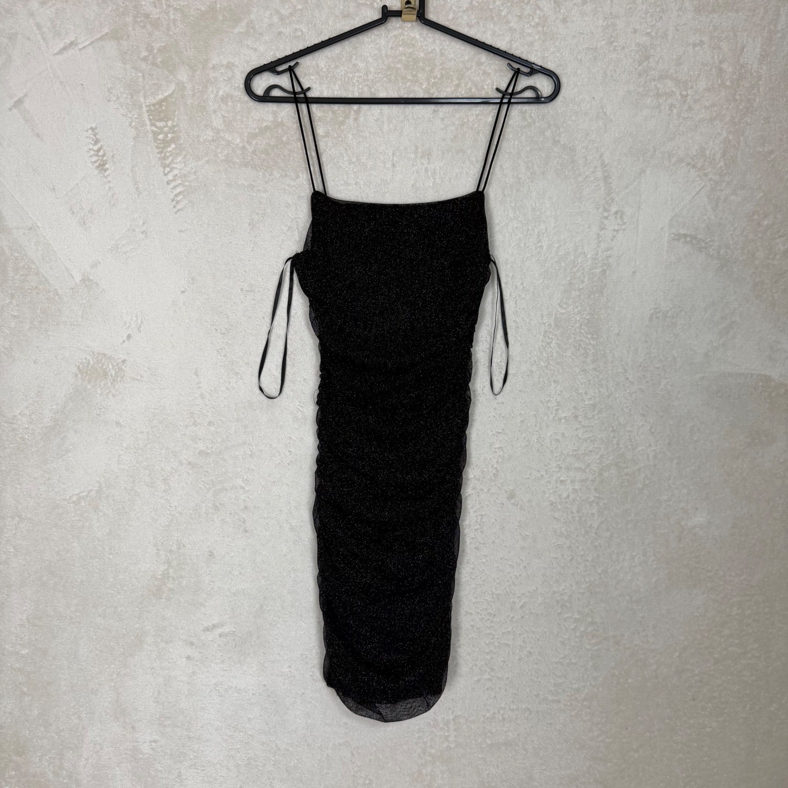 Hello Molly Black Glitter Ruched Back Cutout Mini Dress US 6 Spaghetti Strap