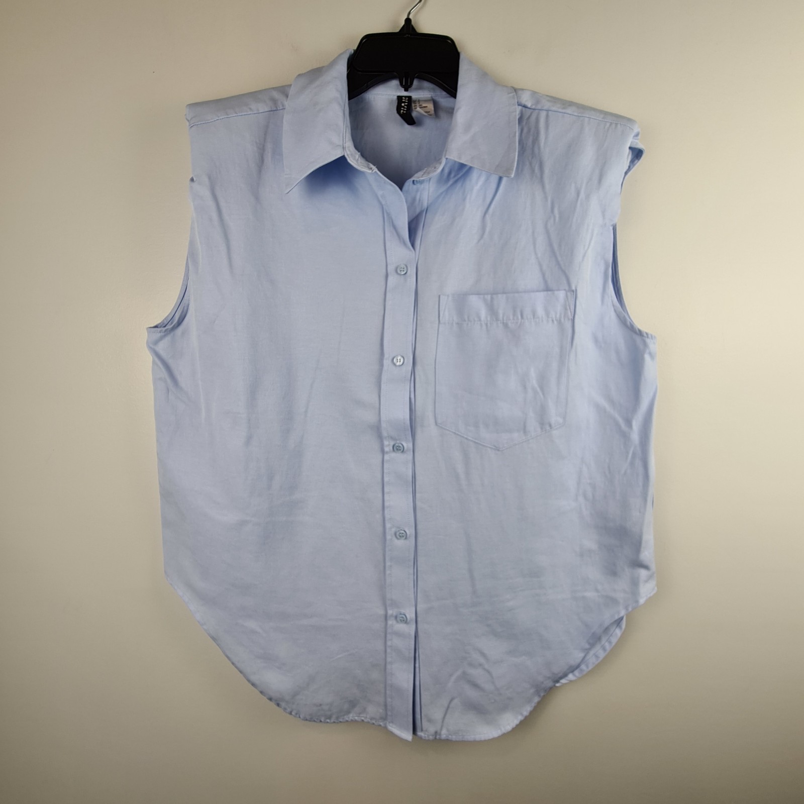 Divided Light Blue Button Up Padded Shoulder Sleeveless Top Blouse Small Collar