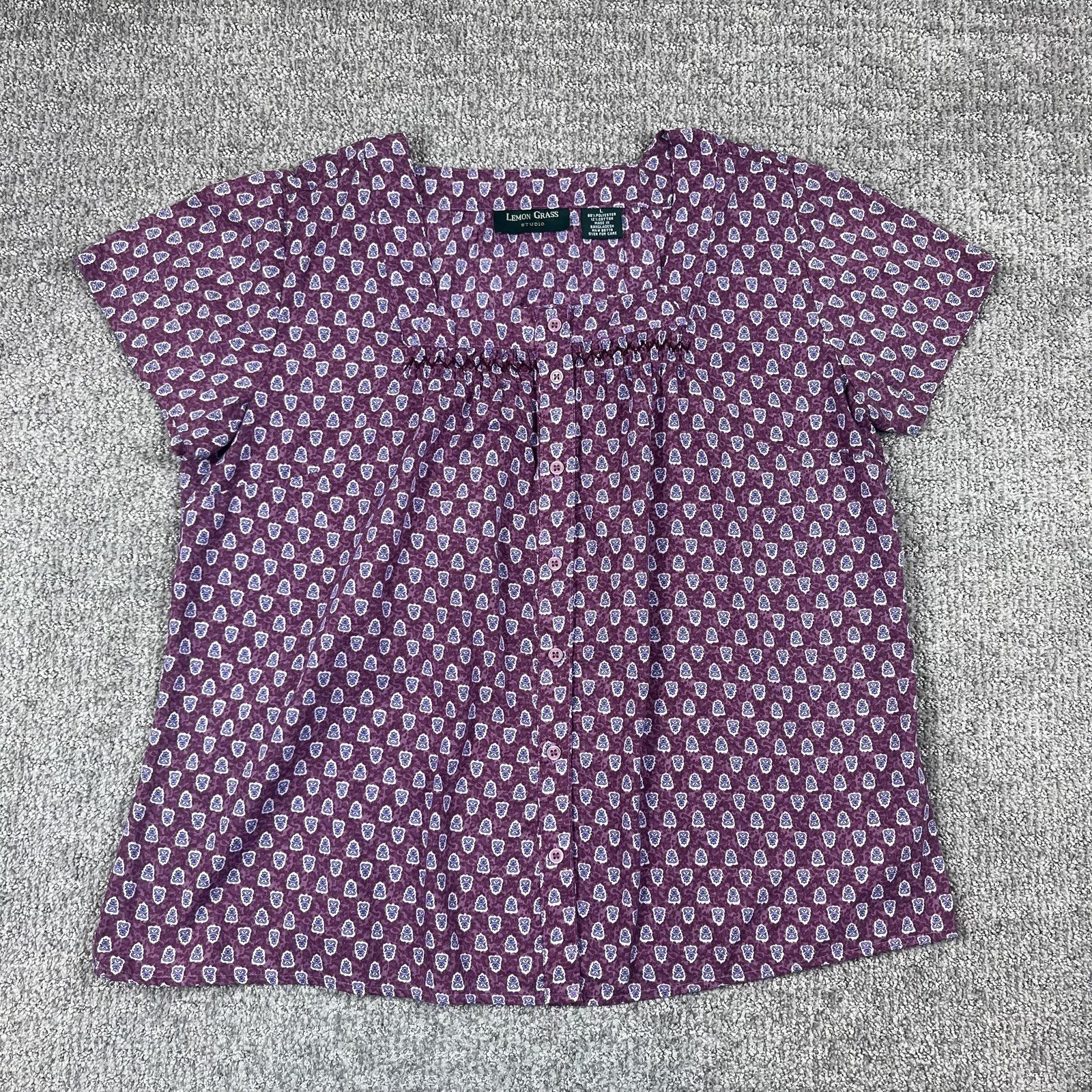 Lemon Grass Top Womens Large Purple Button Boho Peasant Summer