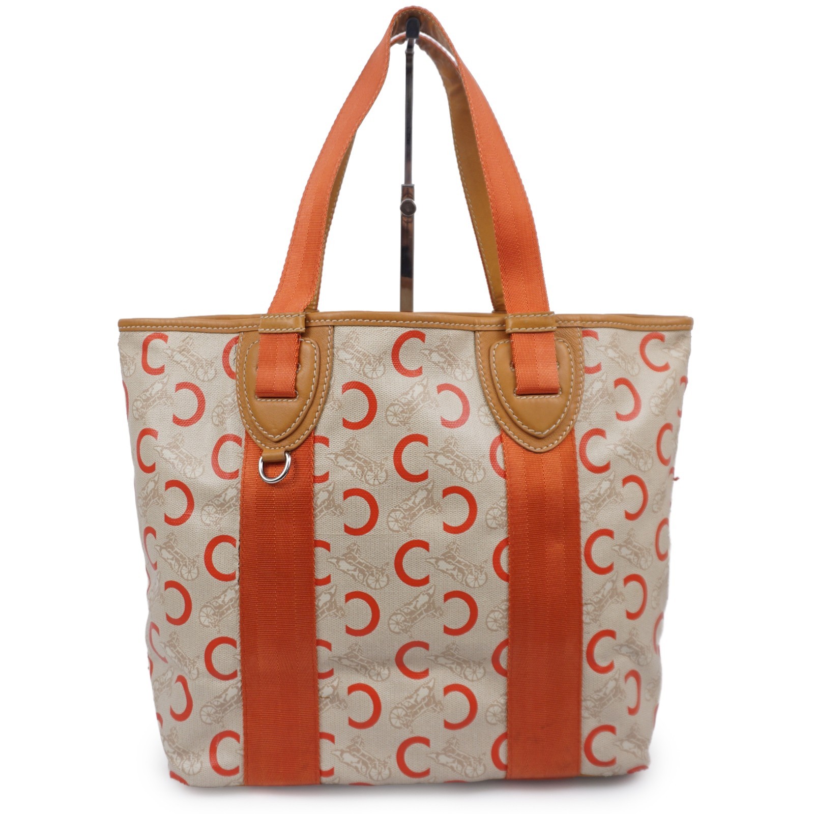 CELINE C Sulky Carriage Horse Tote Bag Coated Canvas Leather Orange Auth