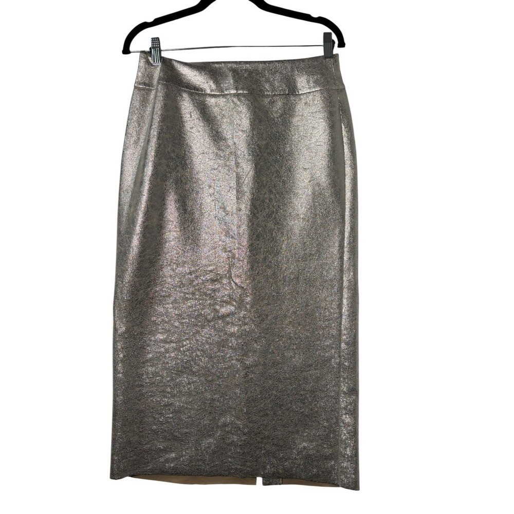 Zara Metallic Silver Faux Leather Midi Pencil Skirt Size M High Slit Textured