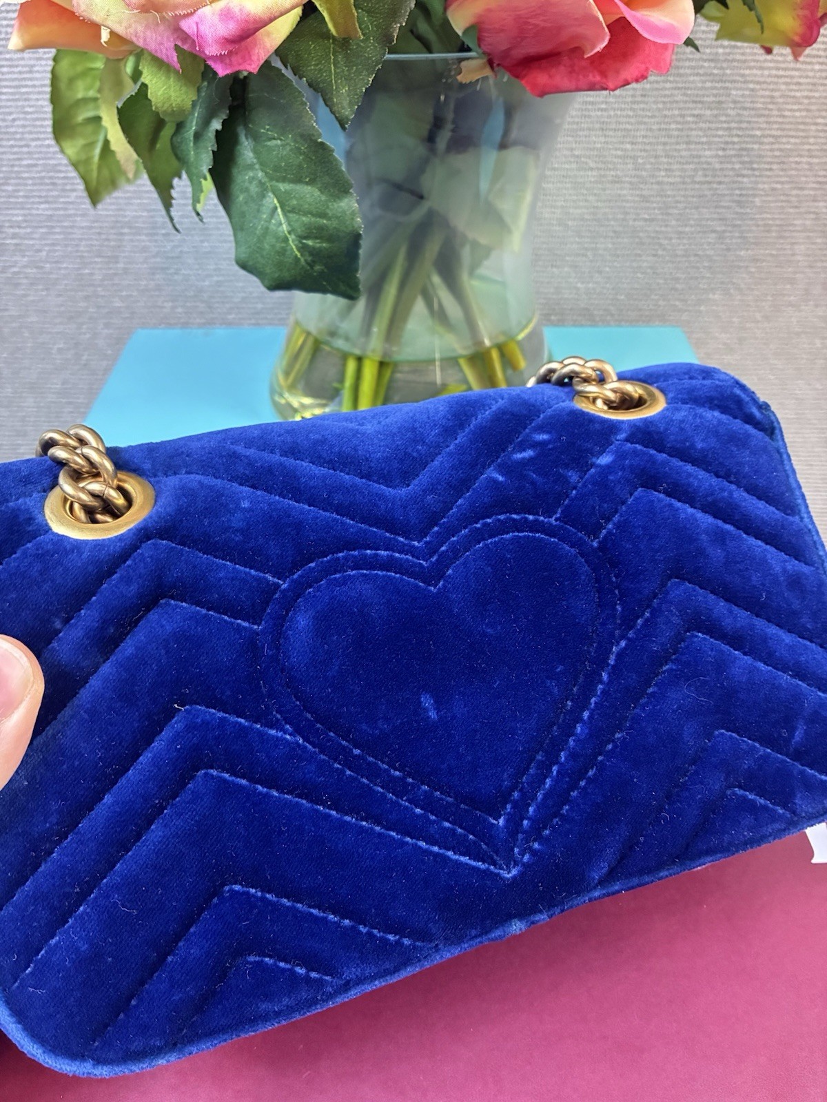 Gucci Marmont Blue Velvet Quilted Shoulder Bag – Excellent Pre Loved Condition