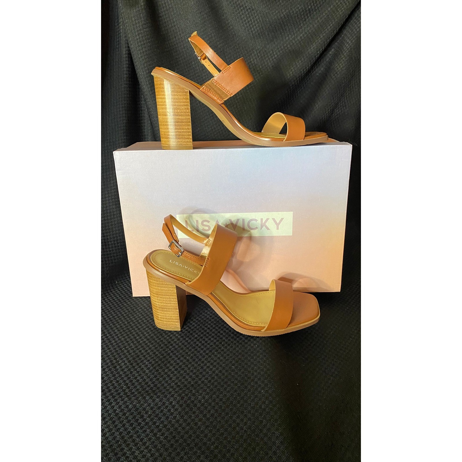 Lisa Vicky Oasis-V Chestnut Leather Block Heel Sandals Women 9M Square Toe Brown