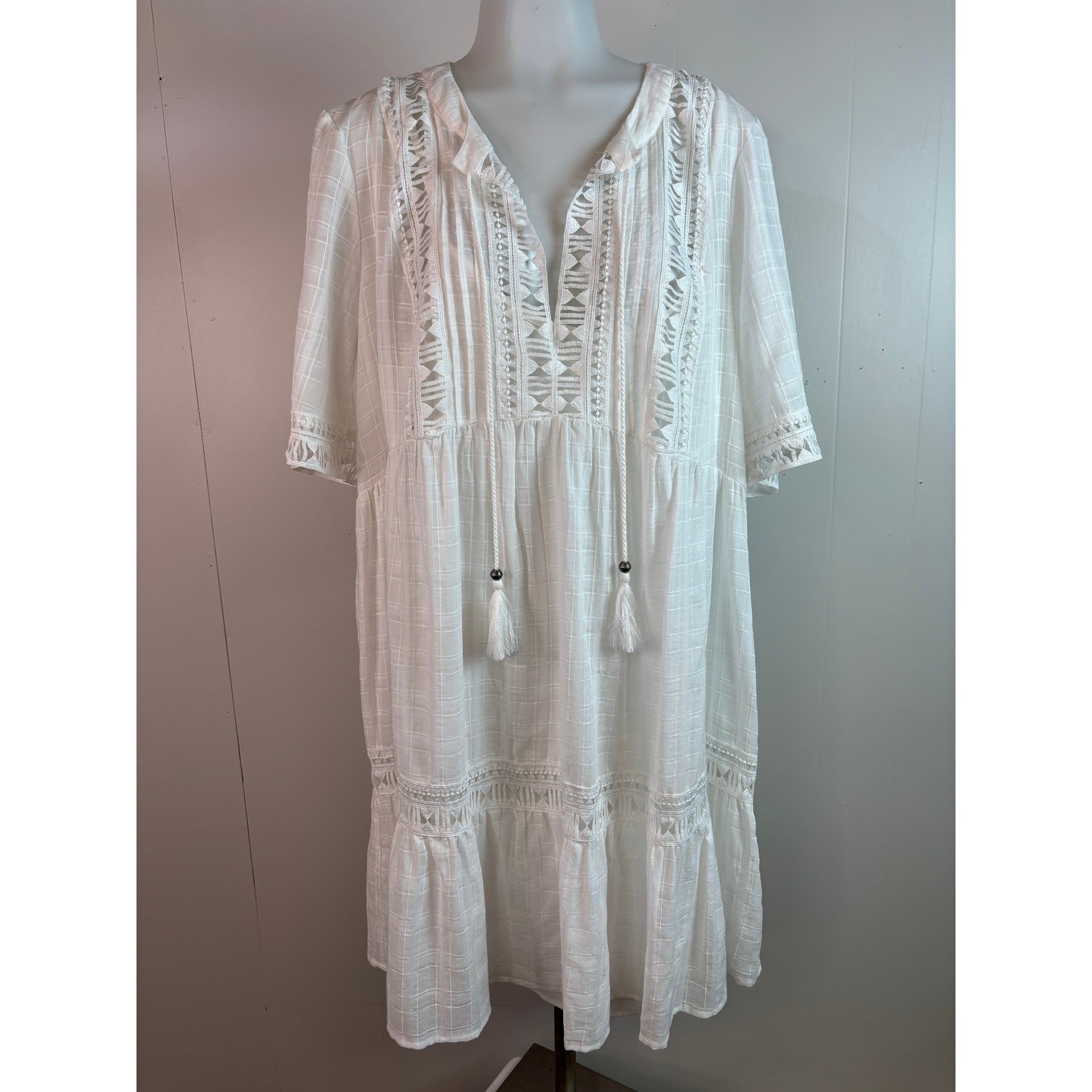 Knox Rose Babydoll Dress XL White Lace Trim Tassel Tie-Neck Boho Women