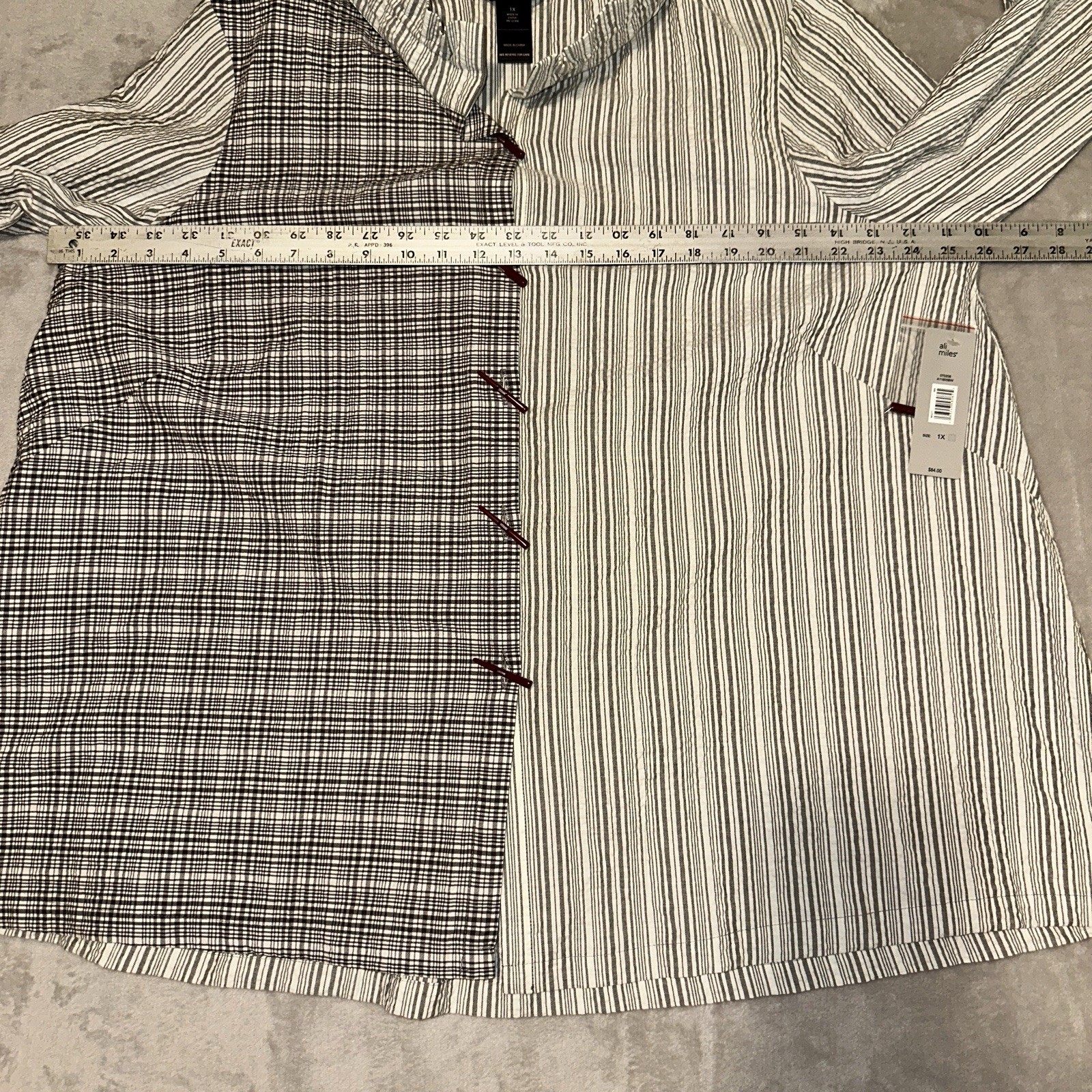Ali Miles NWT Toggle Button Tunic Plus Size 1X Plaid Stripe Crinkle Wire Collar