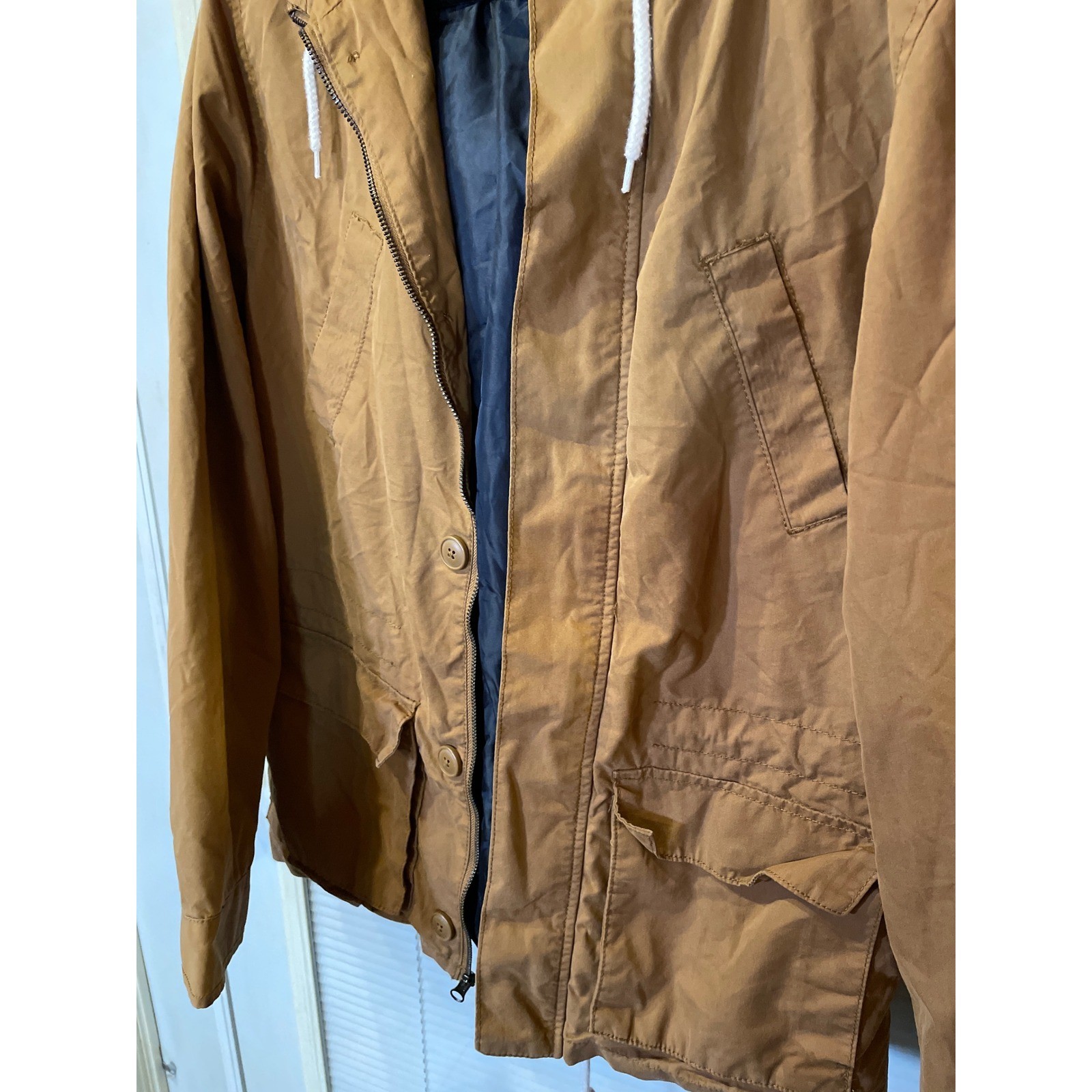 Merona Mens Khaki Hooded Utility Jacket Casual Lightweight Button Snap Zip
