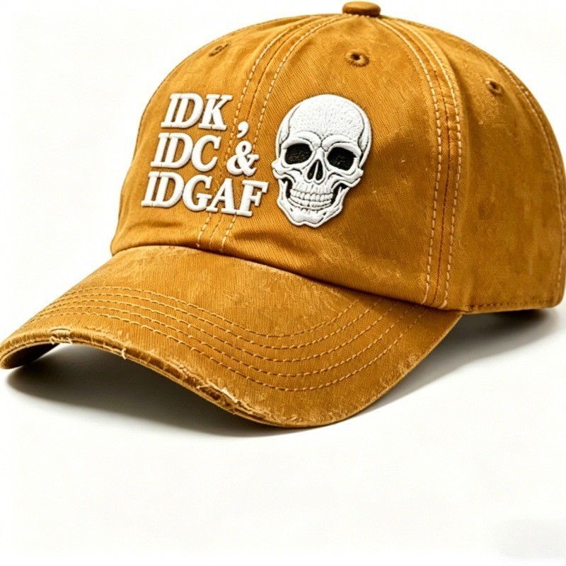 IDK IDC & IDGAF Skull Embroidered Vintage Washed Baseball Cap Funny Men Dad Hat