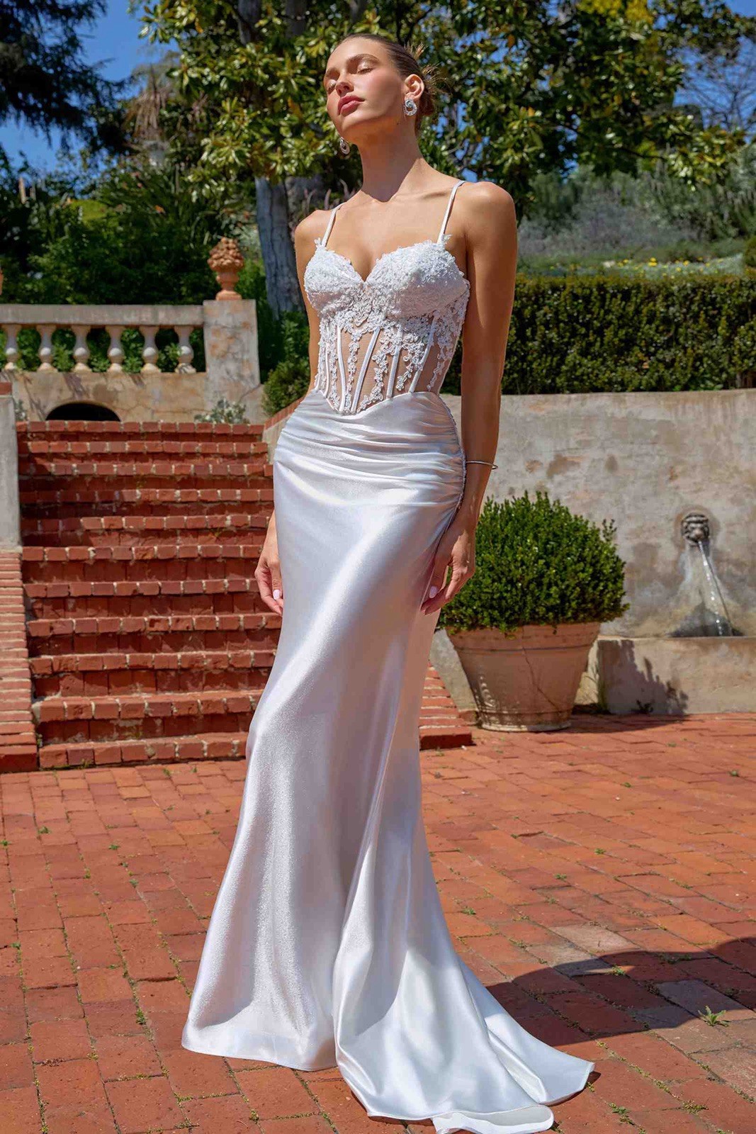 Elegant Satin Mermaid Wedding Dress | Sheer Bodice Lace Corset Bridal Gown