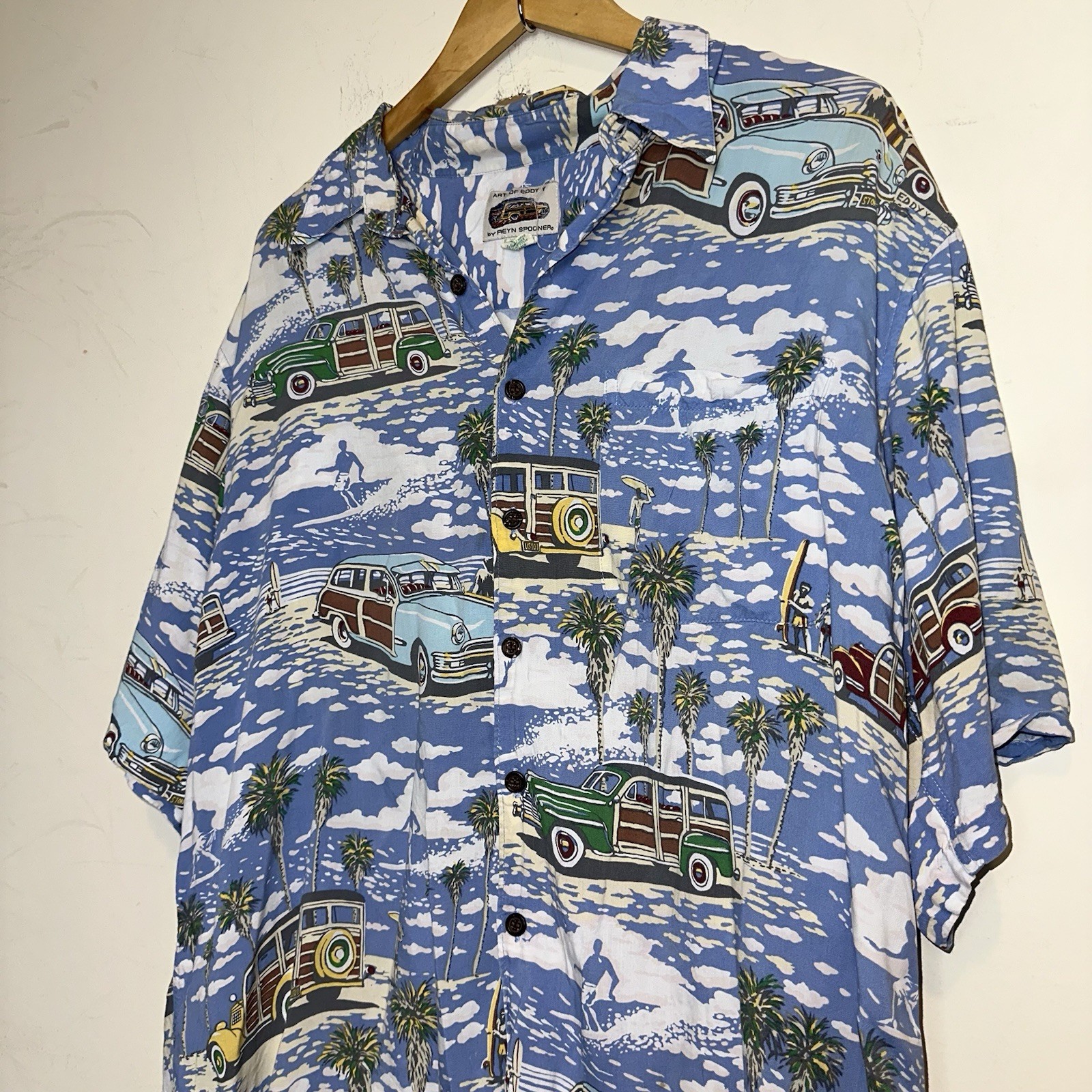 VTG Reyn Spooner Art of Eddy Y Men Woodie Surf Pattern Hawaiian Button Up Shirt