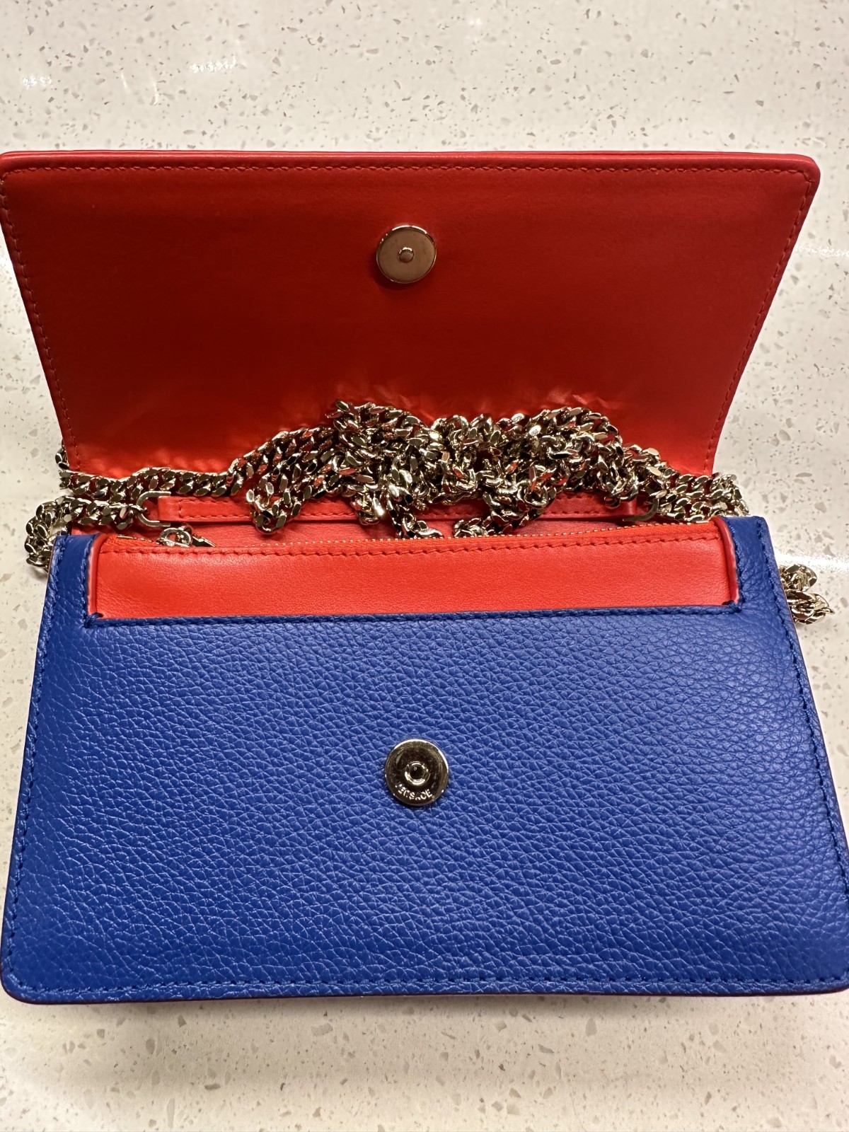 Versace Medusa Blue Crossbody Bag Gold Chain Strap Magnetic Closure Pockets