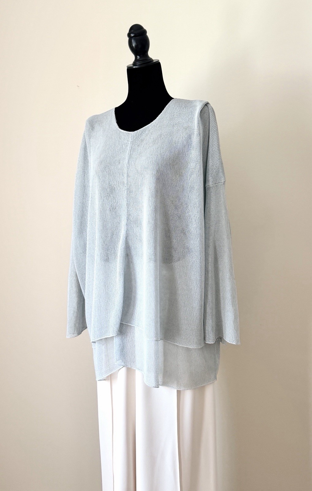 Eskandar Open Knit Sweater Pleated Shoulder Soft Sage Blue Layered Linen Blend
