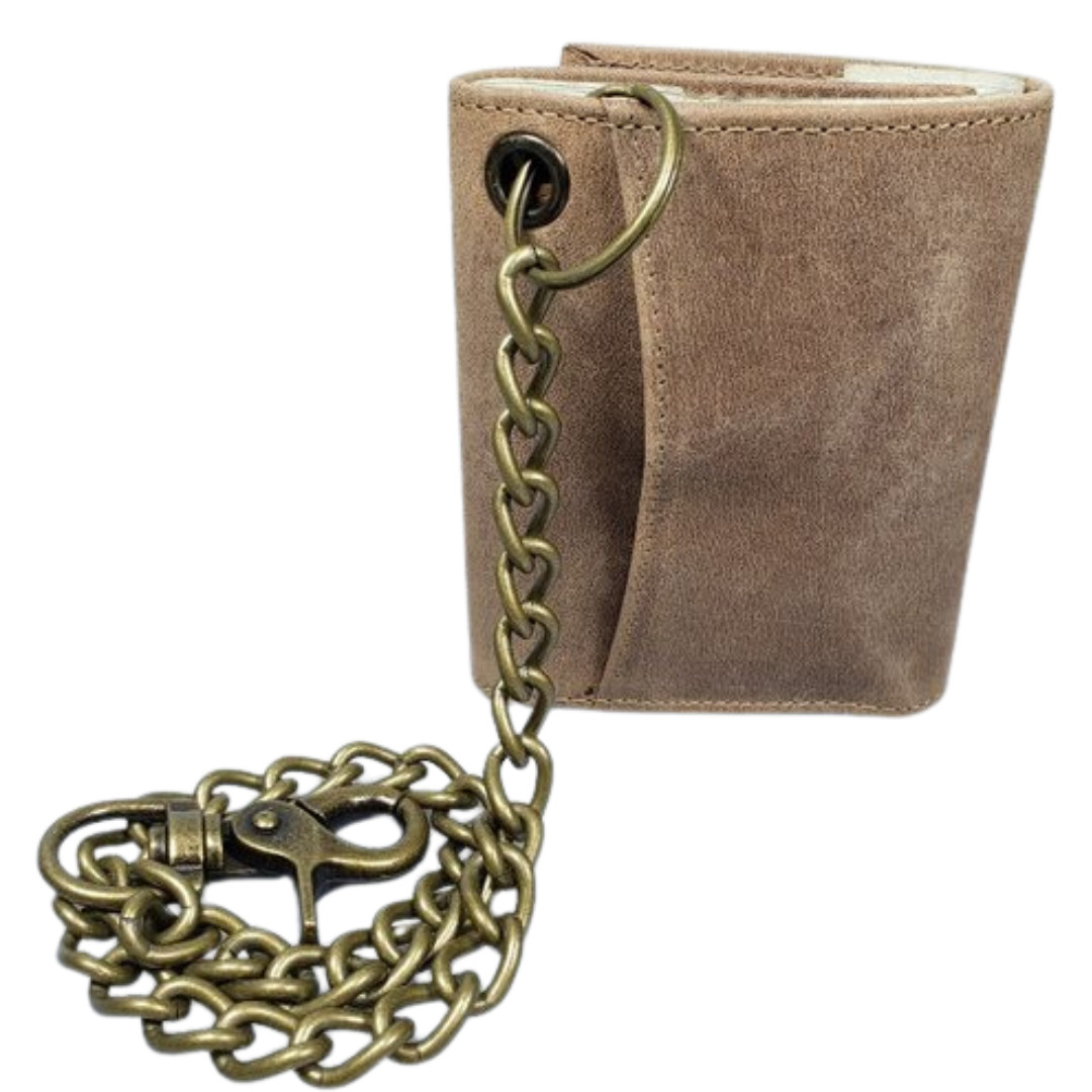 Mens Genuine Leather Motorcycle Trifold Biker Brown Wallet Brass Chain