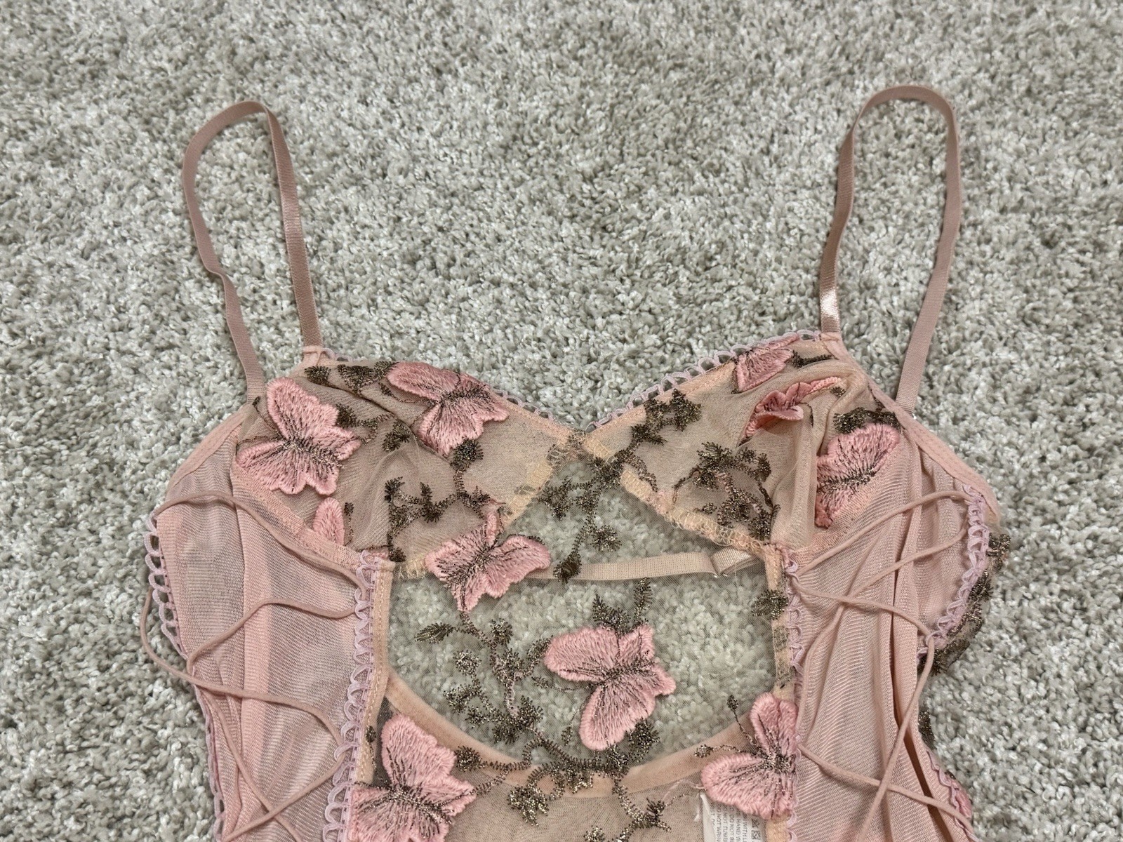 Sexy Butterfly Embroidered Mesh Lace-Up Teddy Bodysuit Pink Floral Size Small