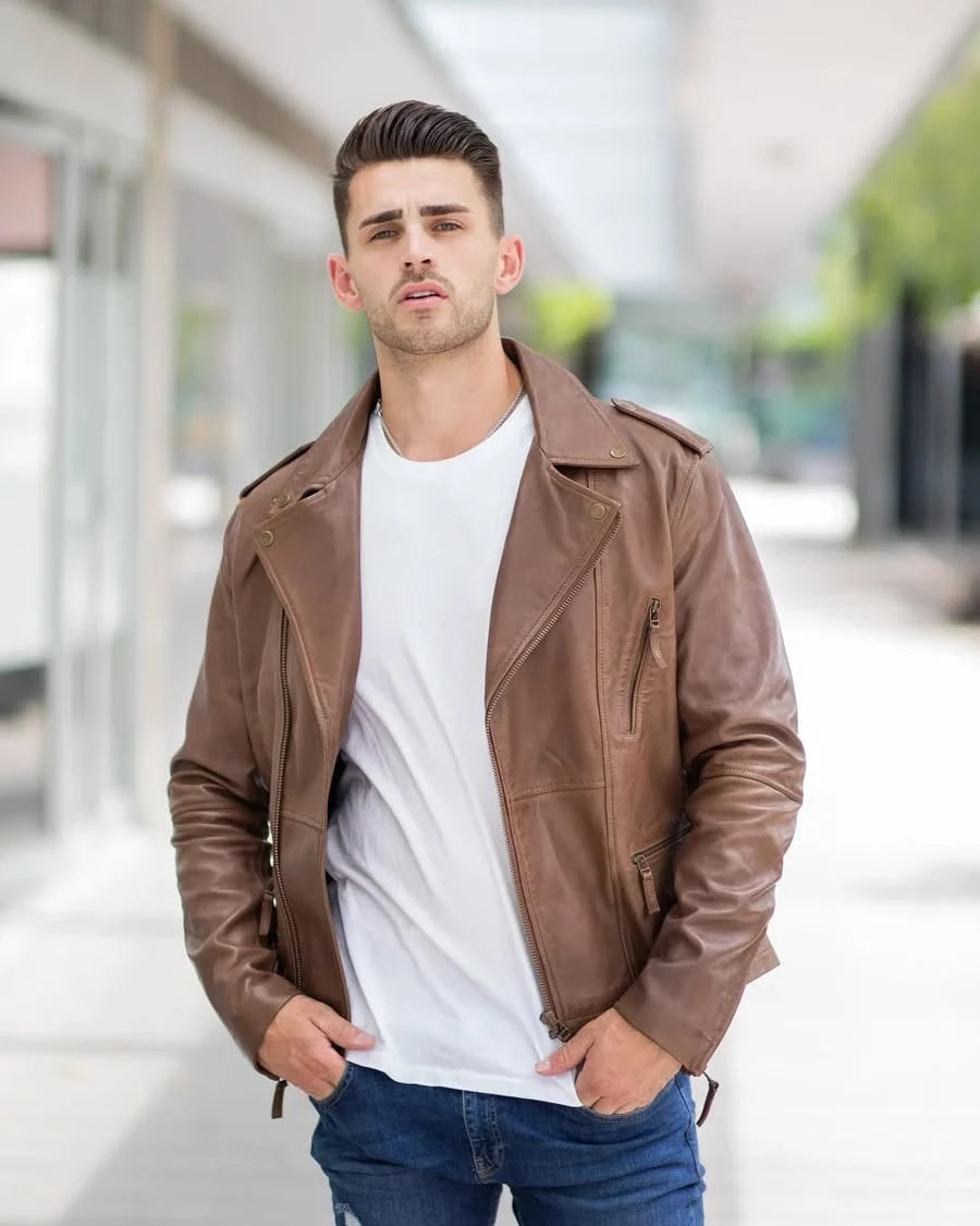 Premium Modern Brown Genuine Leather Jacket Men’s Fashion Biker Style XS to 2XL