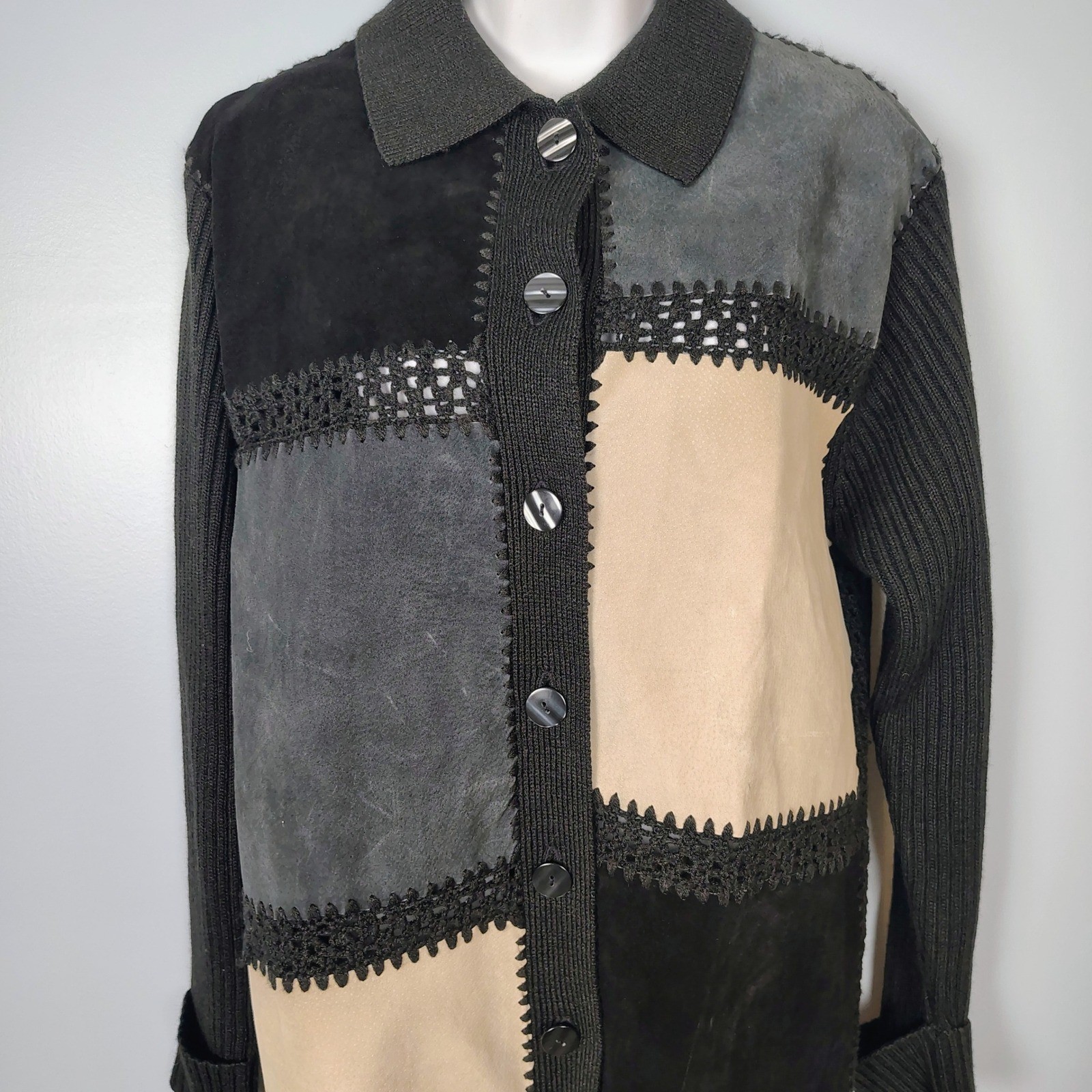Ambra Womens Large Suede Patchwork Ribbed Knit Cardigan Sweater Black Grey Tan L