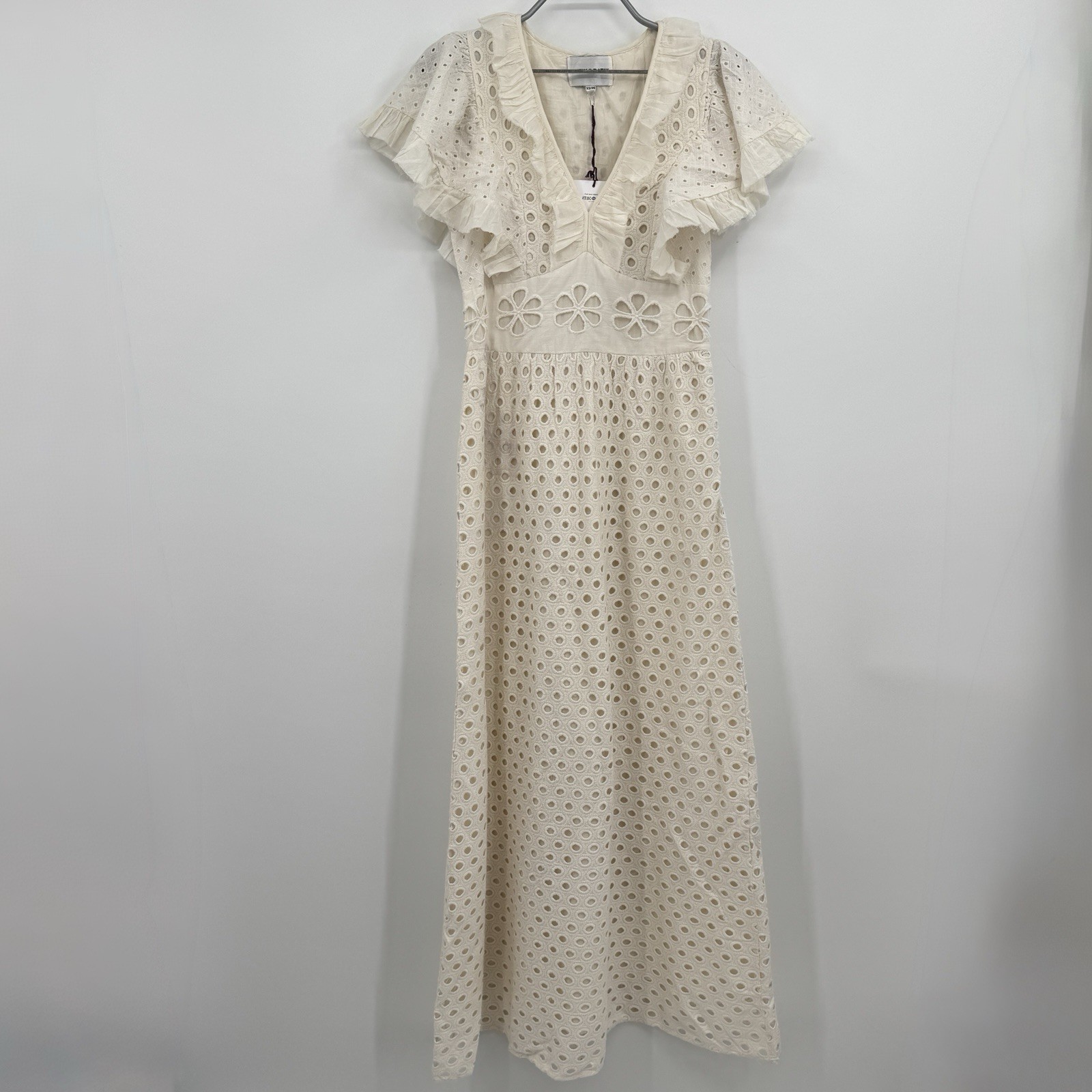 Antik Batik Cream Eyelet Lace Jada Maxi Dress size XS 36 Flutter Sleeve Ruffle