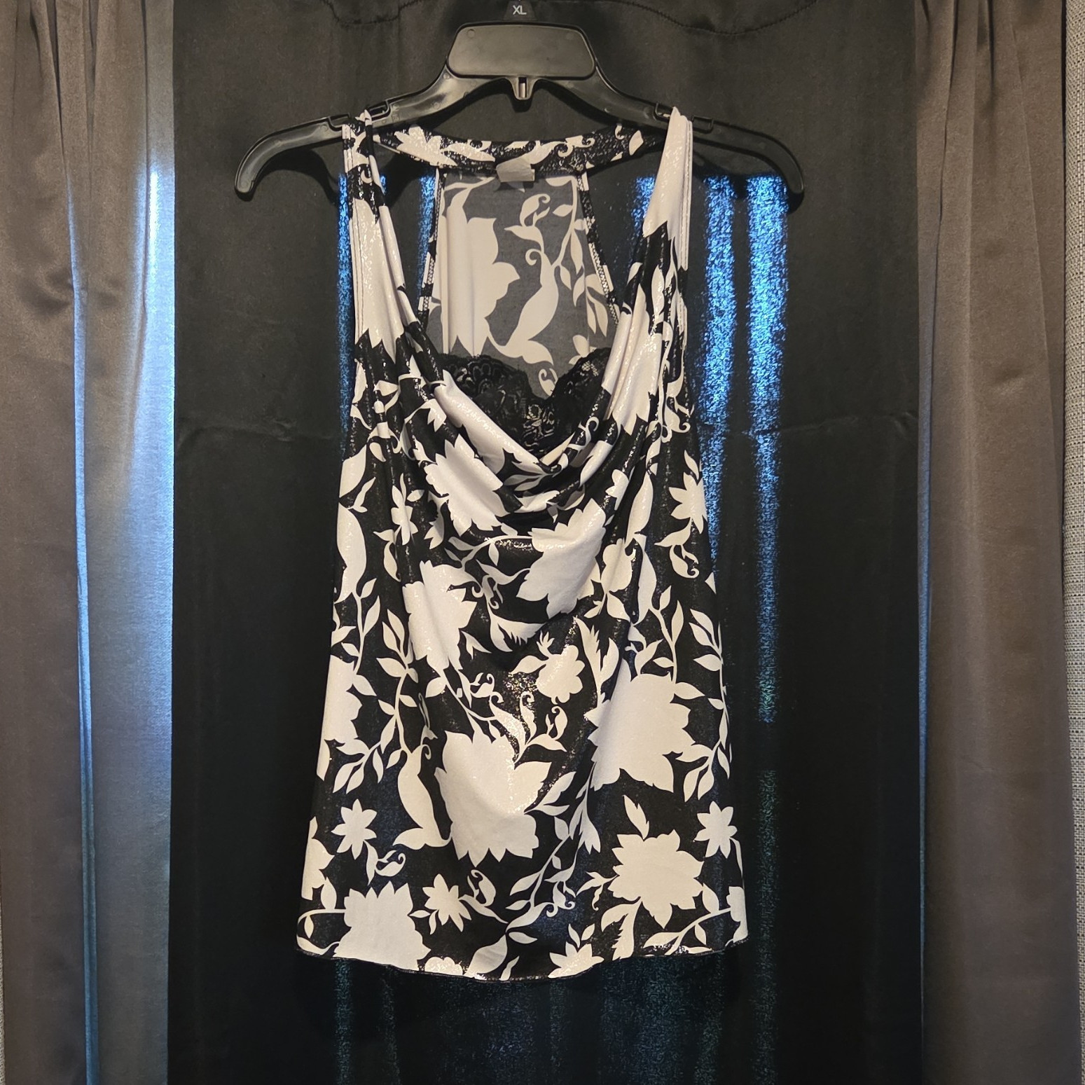 Vanity Women’s Black/White Floral Lace Cowl Neck Sleeveless Blouse Size L