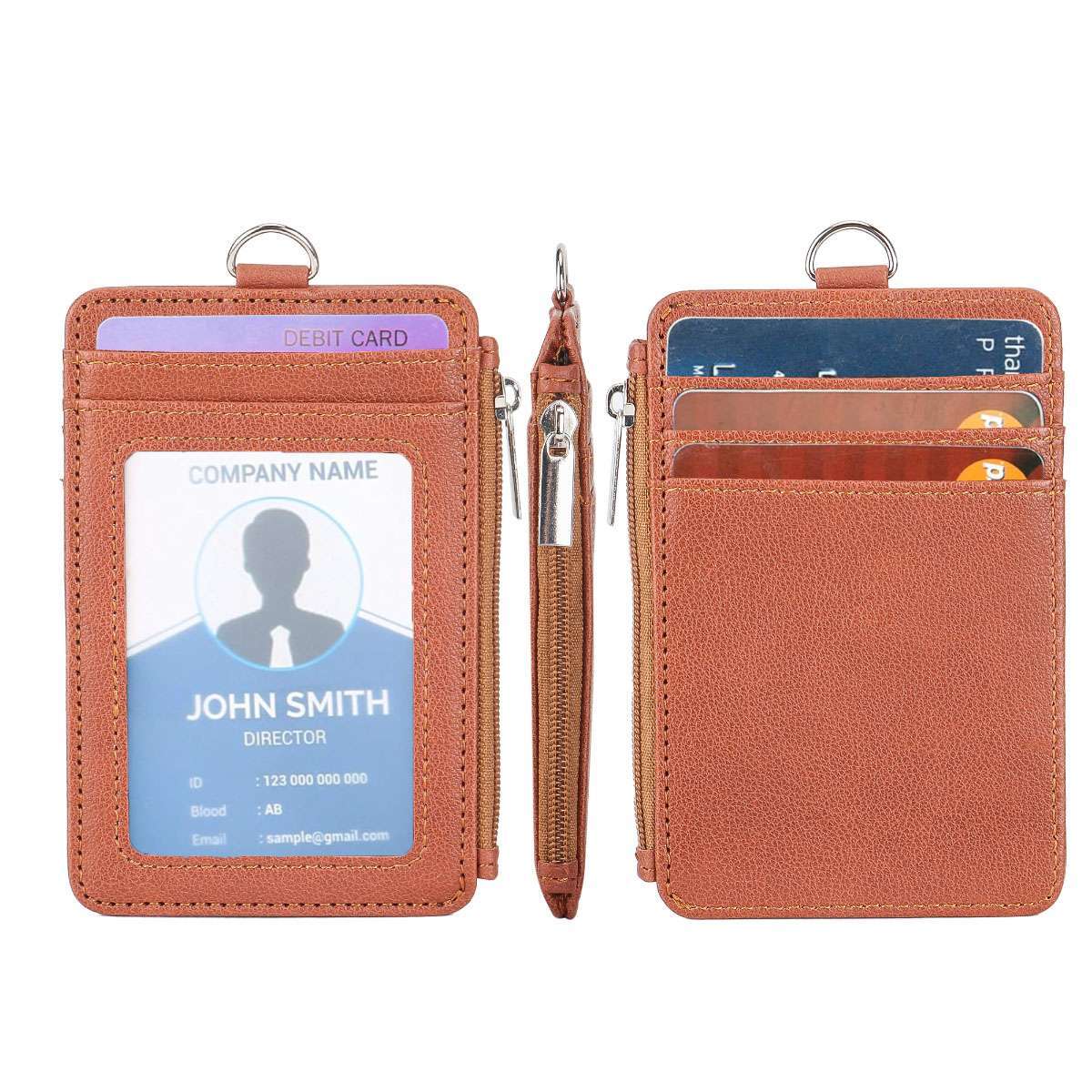 ID Badge Card Holder PU Leather Vertical Clip Neck Strap Lanyard Necklace Case