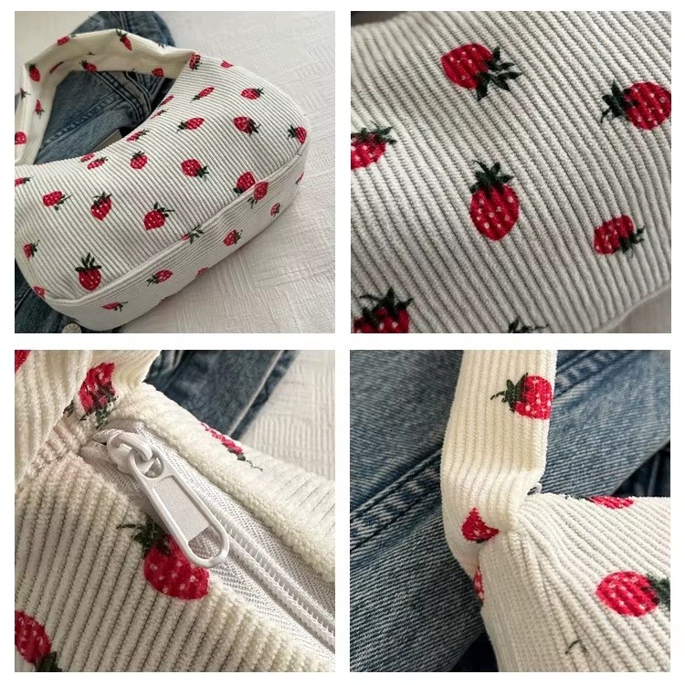 CUTE STRAWBERRY CORDUROY SMALL SHOULDER BAG WITH ZIPPER ALL OVER PRINT UNDERARM