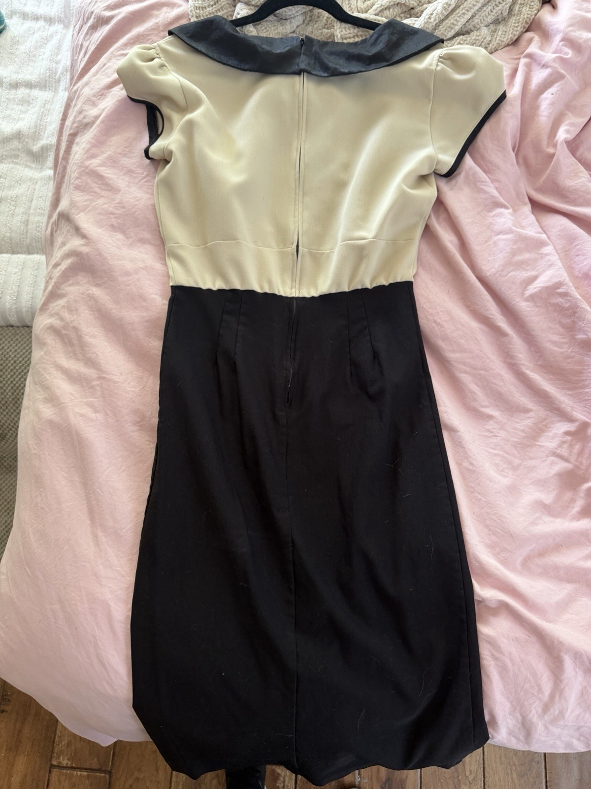Stop Staring! Black Beige Solid Bodycon Pencil Dress Bow Collar Cap Sleeve L