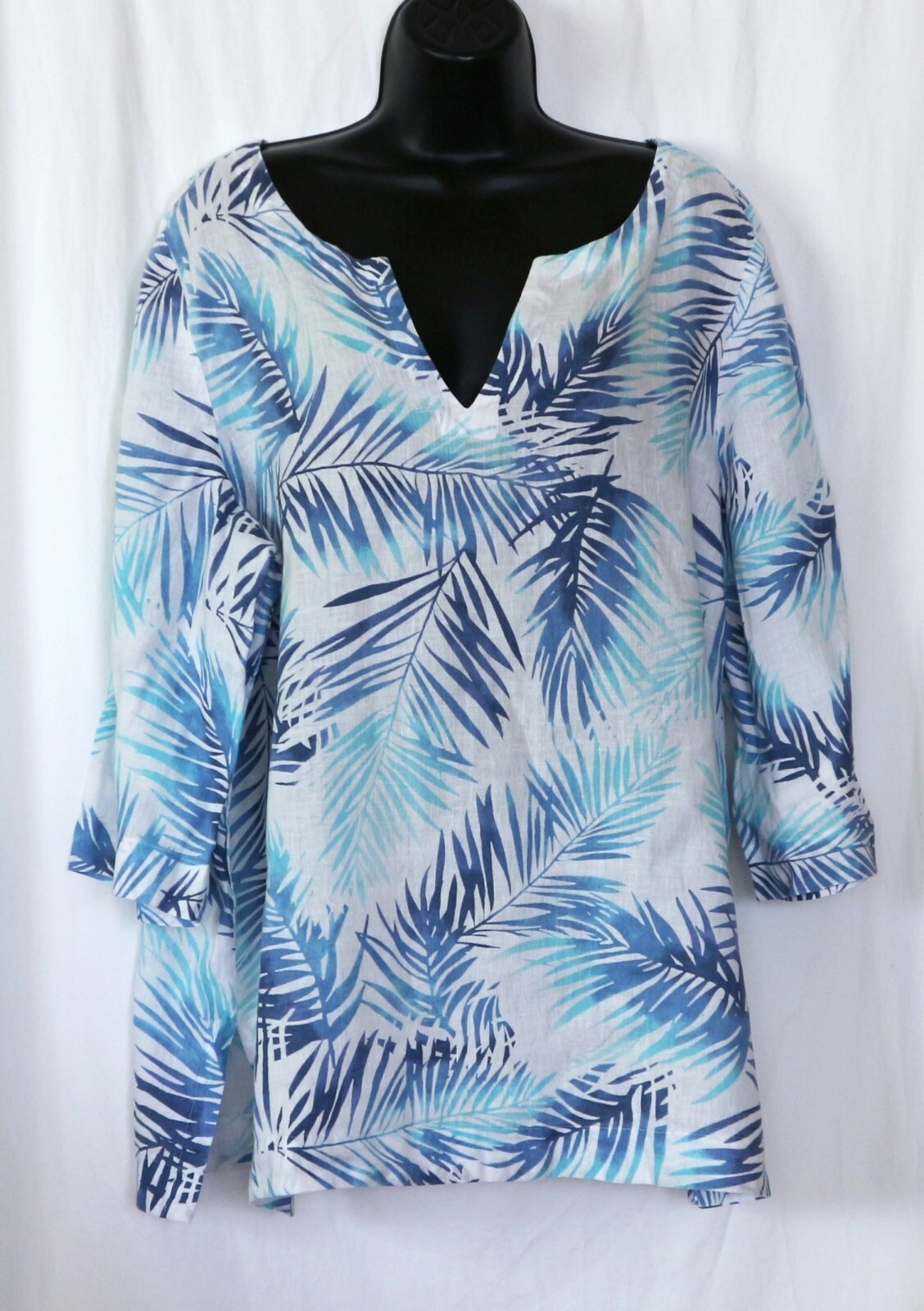 J. JILL Blue Fern Print Linen VNck Tunic 3/4 Slvs 48 In Chst 29 In Lng Sz XL EXC