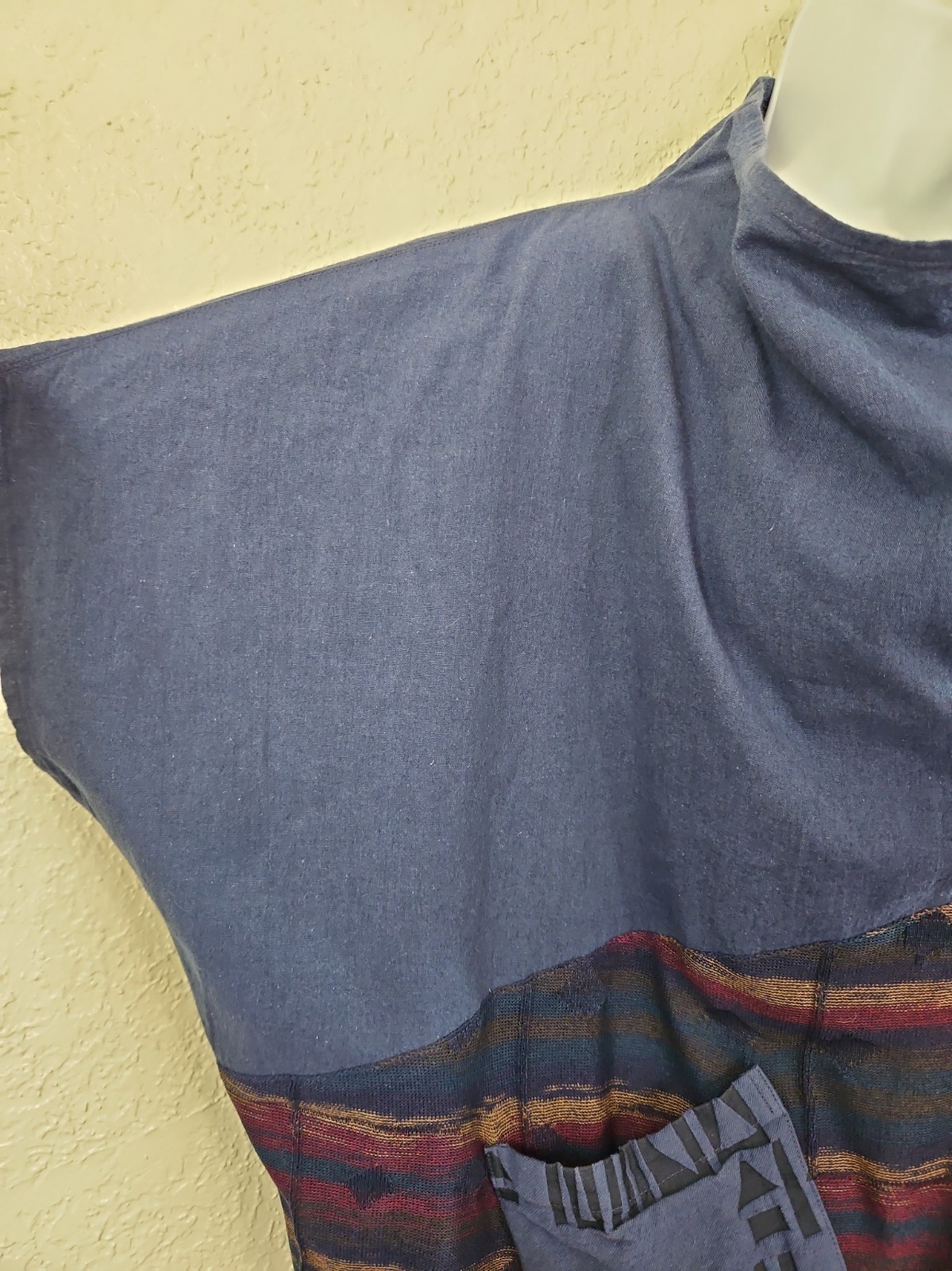 FUGA FUGA O/S Blue/Multi Linen Blend Mixed Media Boxy Cropped Top Mesh
