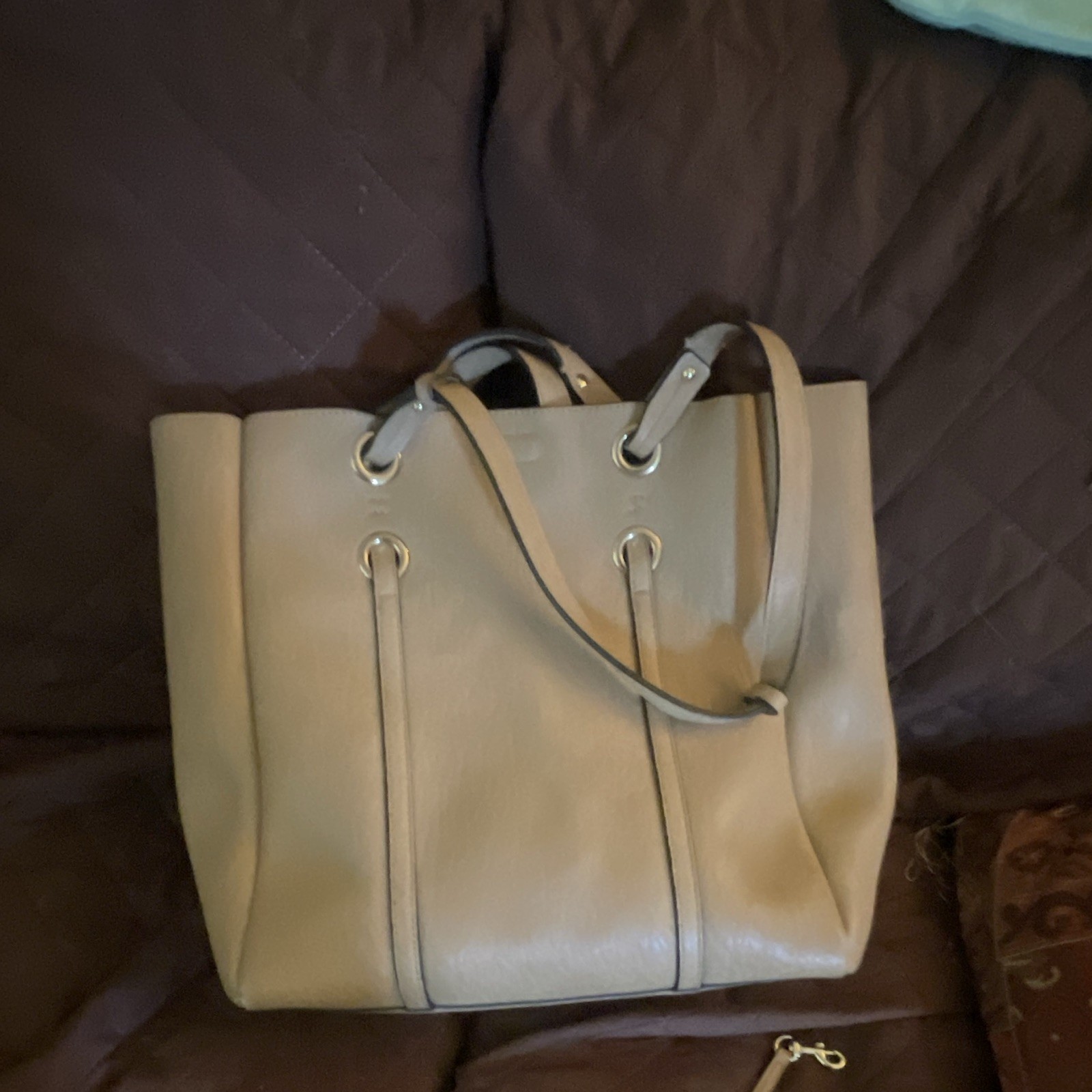 Calvin Klein Large Beige Pebbled Tote Bag Studded Grommet Accents pockets.