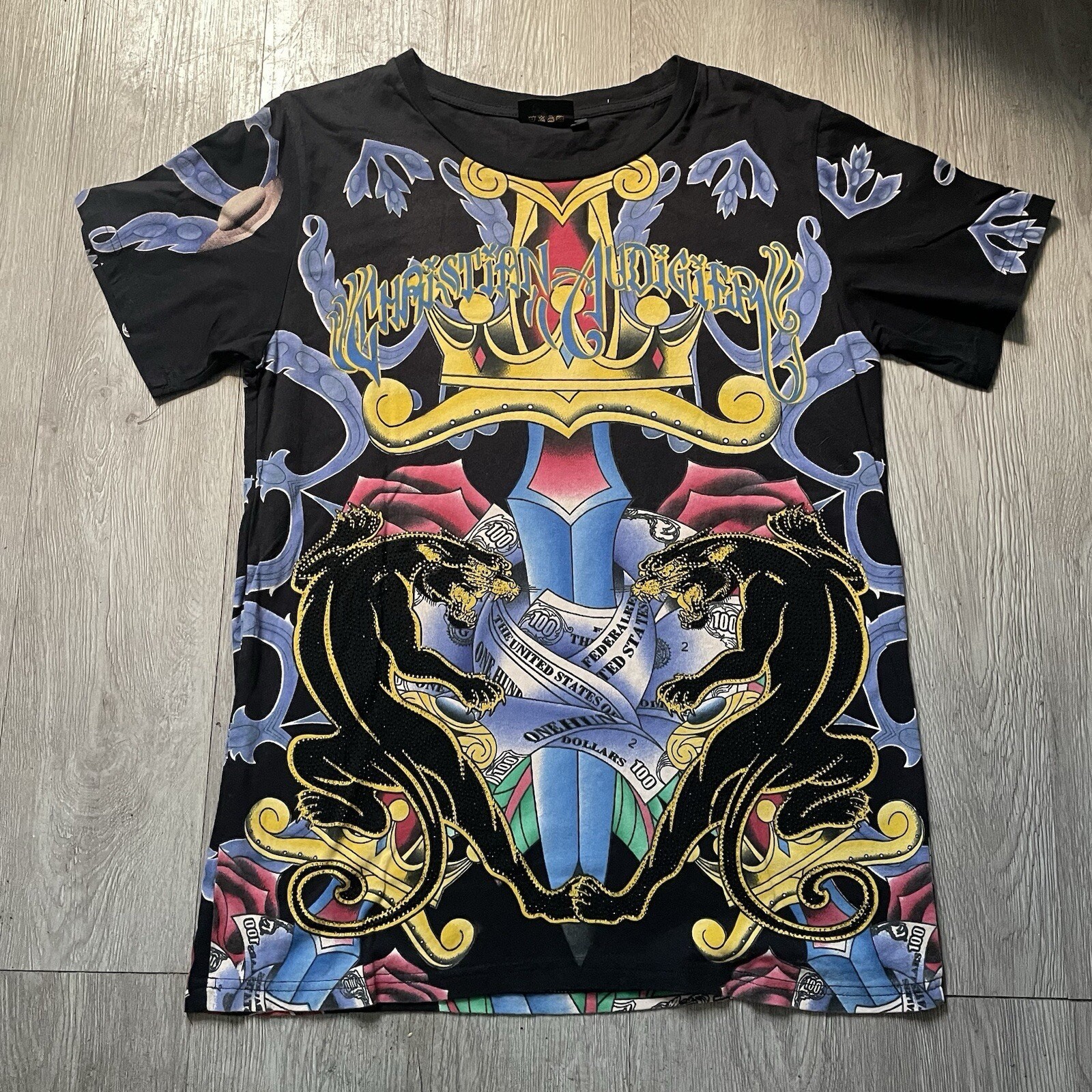 Christian Audigier Graphic Tee Sz L Black Studded Motorcycle Sword Skulll New